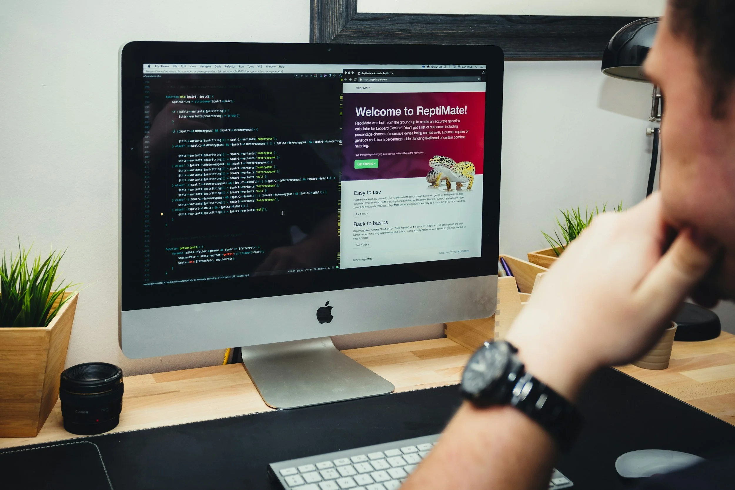 A person working at a desk with an iMac showing programming code on the left and a website titled 'ReptiMate' on the right. The desk has two small plant pots with green plants, a black camera lens, and a black desk mat. The person is wearing a dark watch, and there are small wooden storage boxes and a lamp in the background.