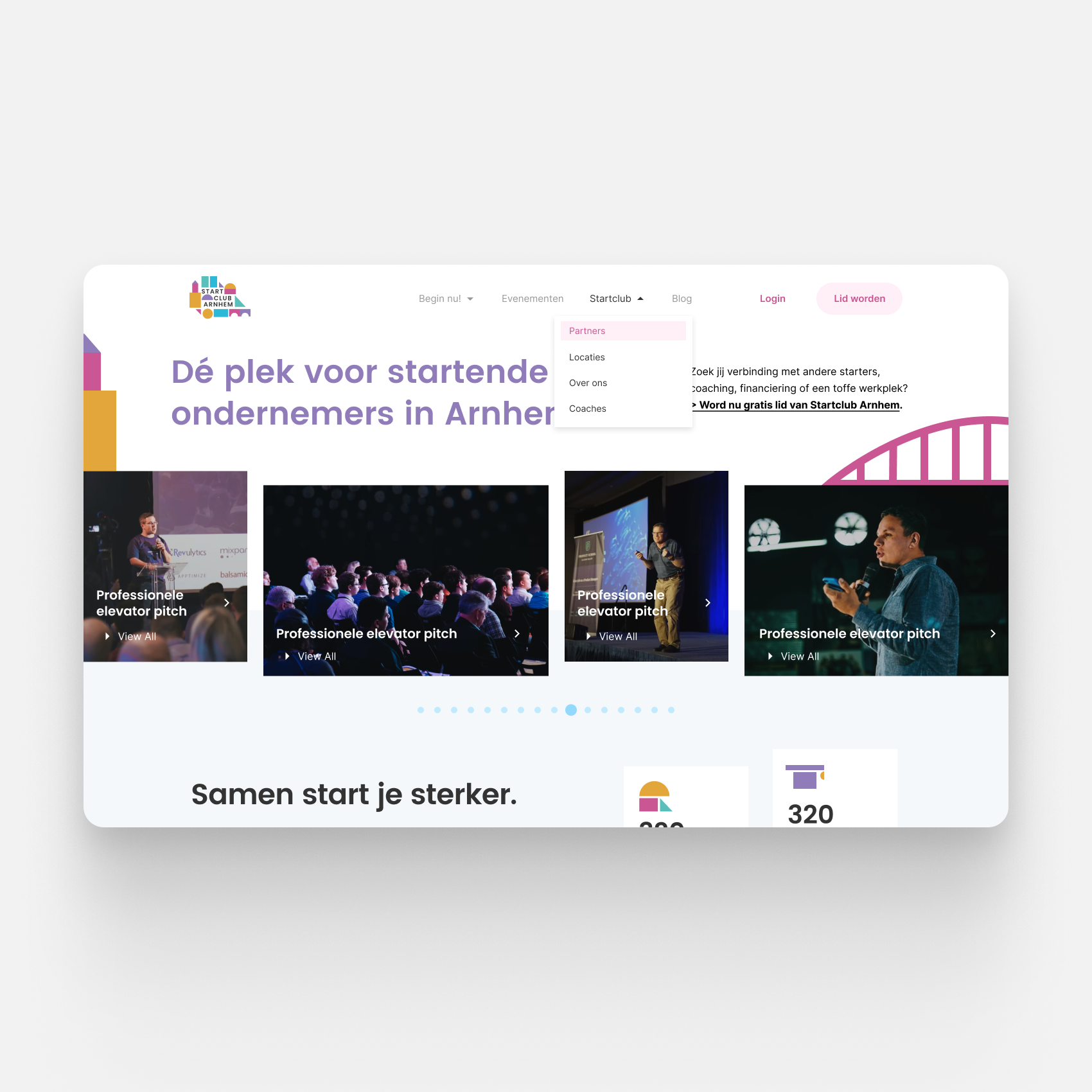 Screenshot of a website homepage for a startup accelerator in Arnhem, Netherlands, with a colorful logo, navigation menu, purple headline text in Dutch, images of people giving presentations, and event information.