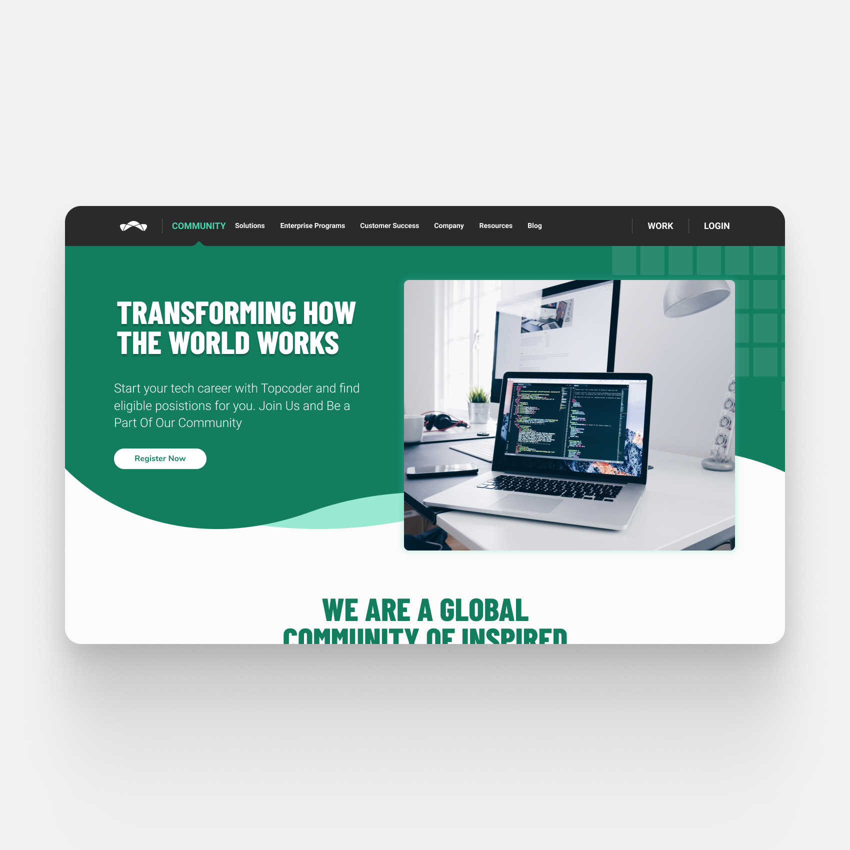 Screenshot of a tech community webpage featuring a laptop with coding on the screen, a monitor, and a modern workspace. The page includes a headline stating "Transforming How The World Works" and a call-to-action button labeled "Register Now."
