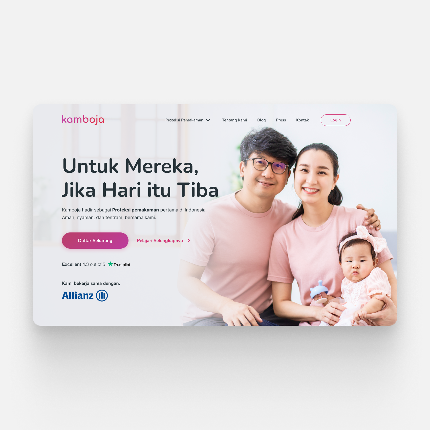 Website homepage featuring a smiling family of three with a young child, promoting funeral protection services in Indonesia, with navigation menu and call-to-action buttons.