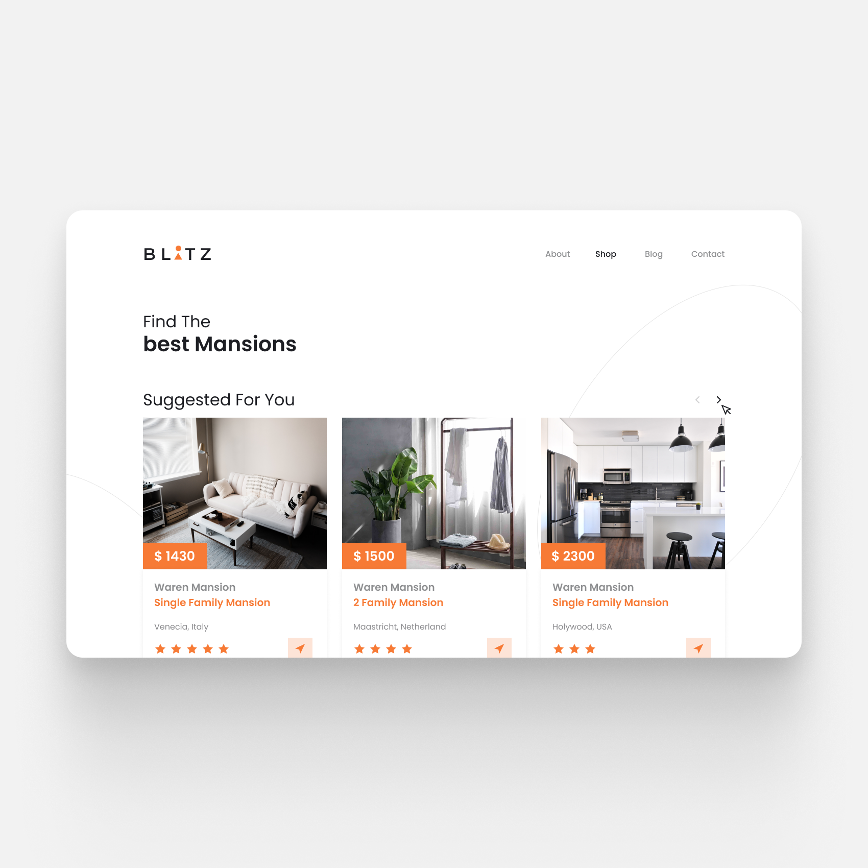 Screenshot of a webpage offering mansion listings, featuring three properties with images, prices, locations, and star ratings.