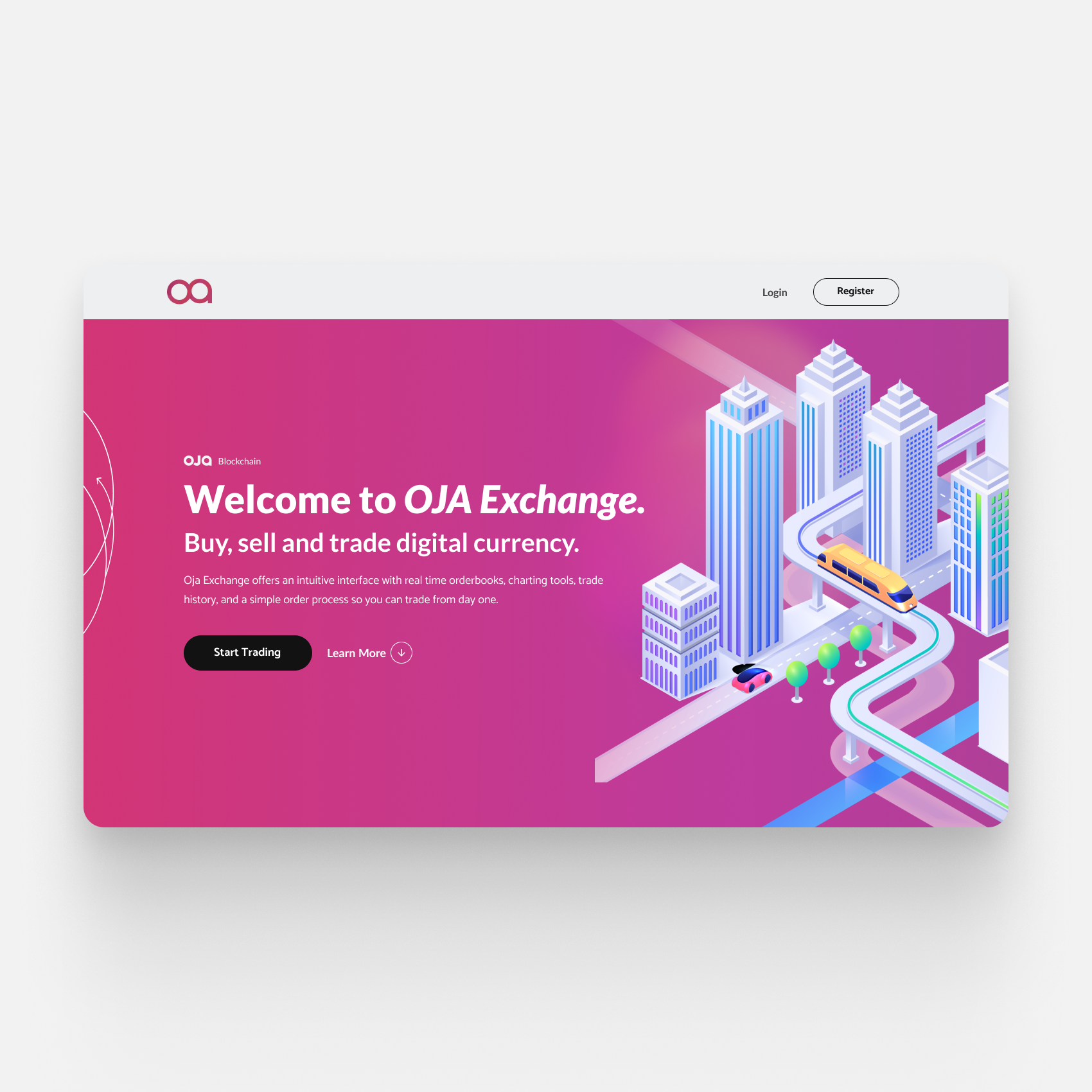 Screenshot of OJA Exchange website homepage, showing a pink background with a stylized cityscape and a train, with options to log in or register.