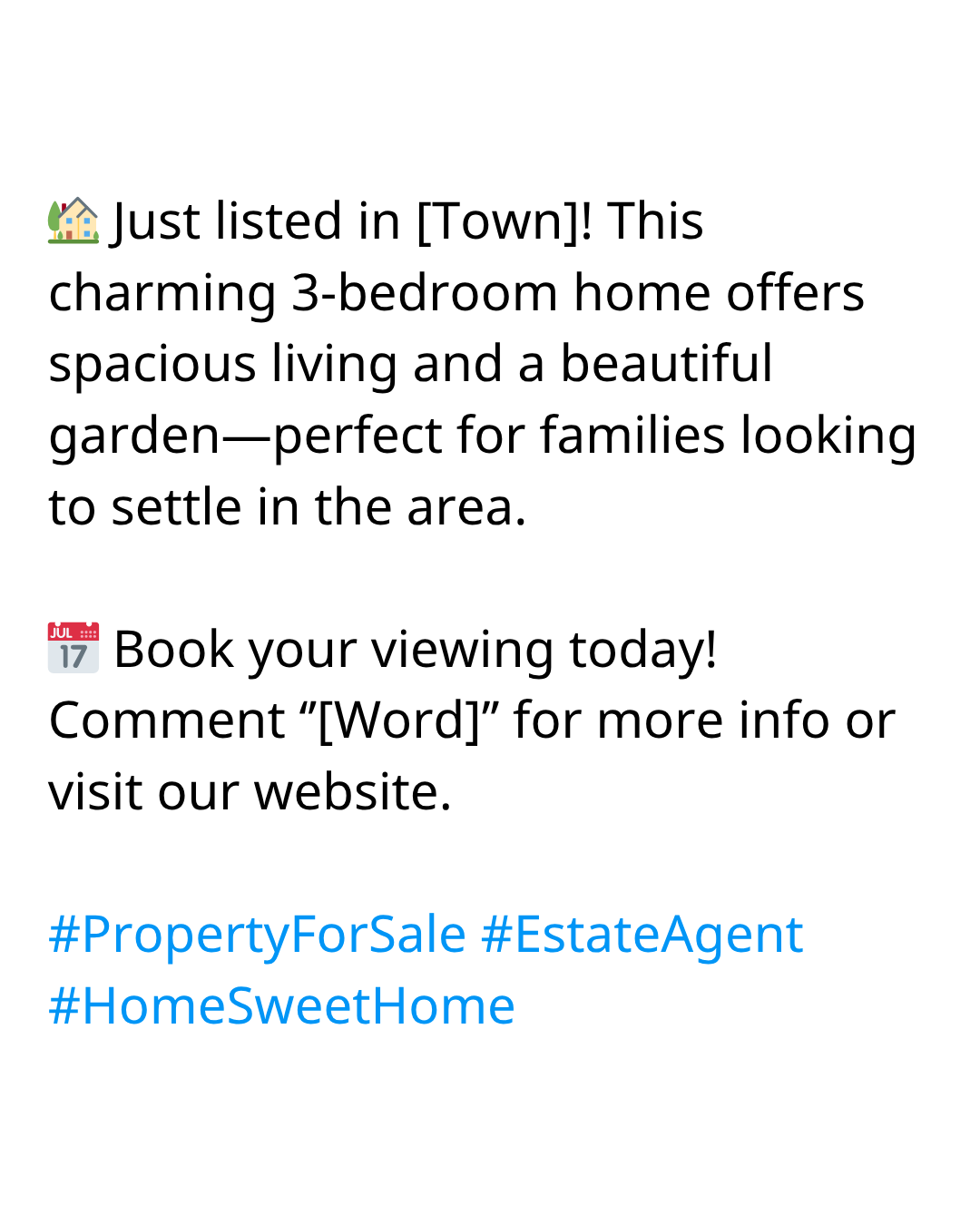 Screenshot of a real estate listing advertisement with icons of a house and a calendar, describing a charming 3-bedroom home with a garden, and hashtags for social media