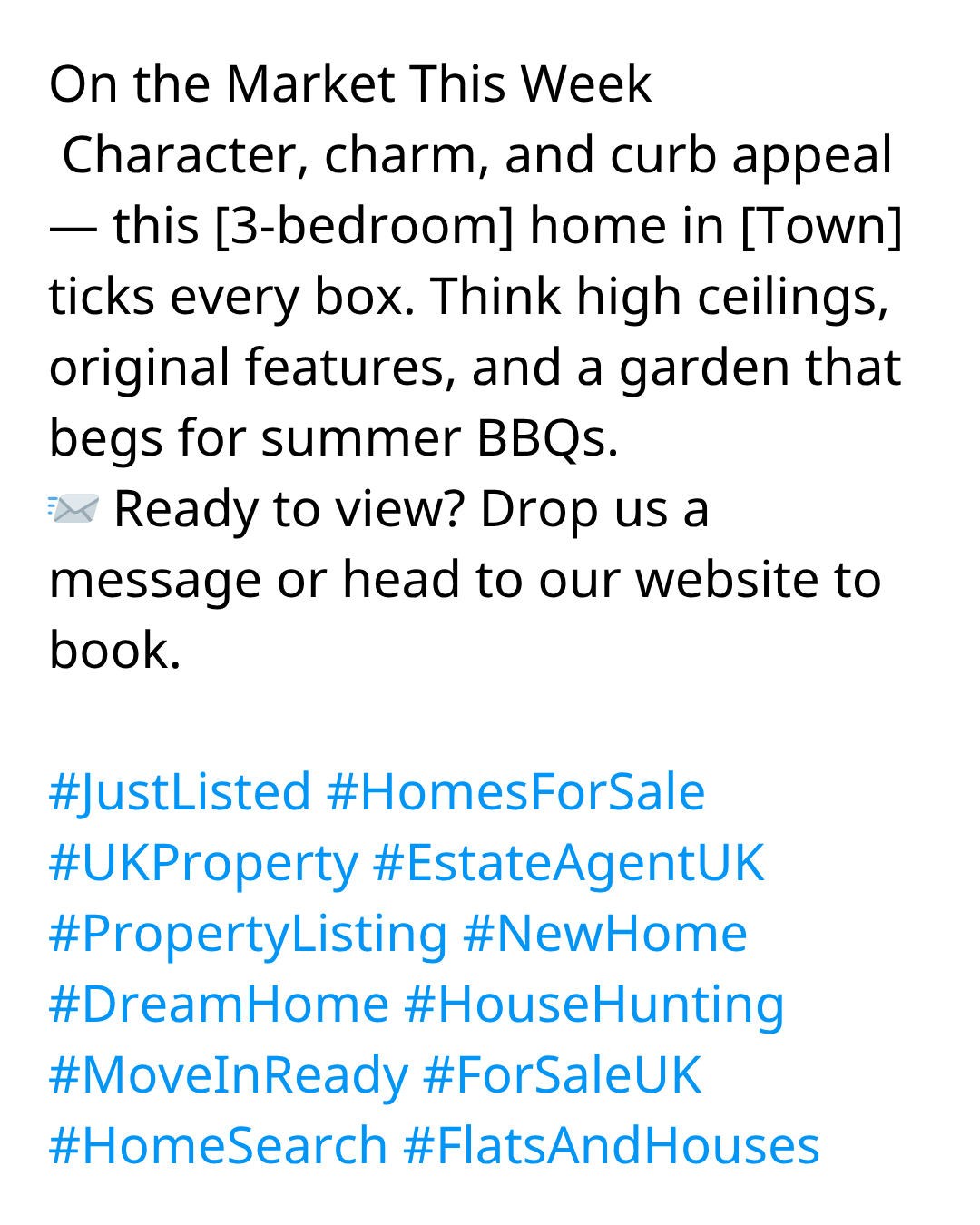 Real estate listing post with descriptive text about a home for sale, including hashtags related to property listings.