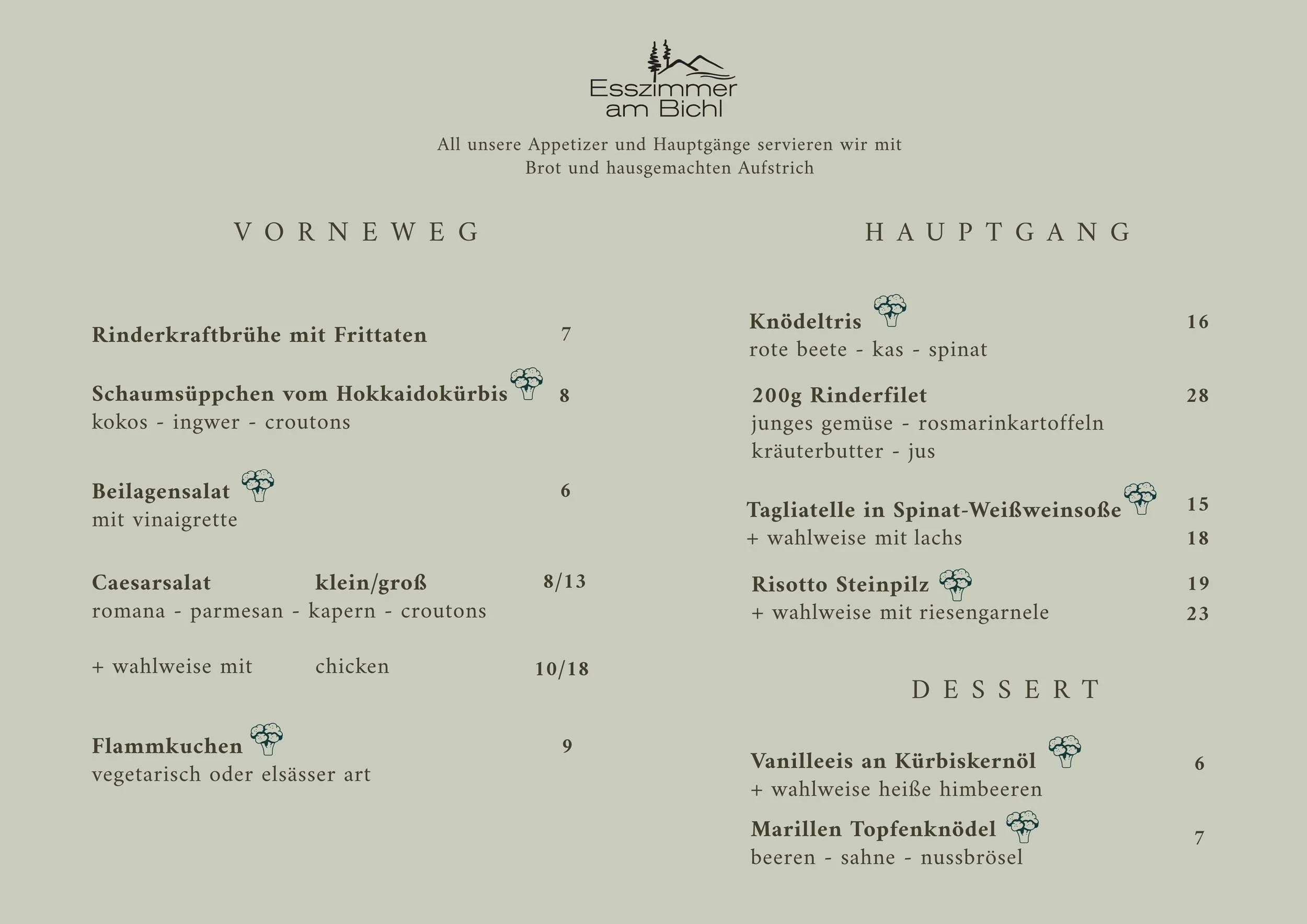 Speisekarte des Restaurants Esszimmer am Bichl mit Vorspeisen, Hauptgerichten und Desserts, beschrieben in deutscher Sprache.