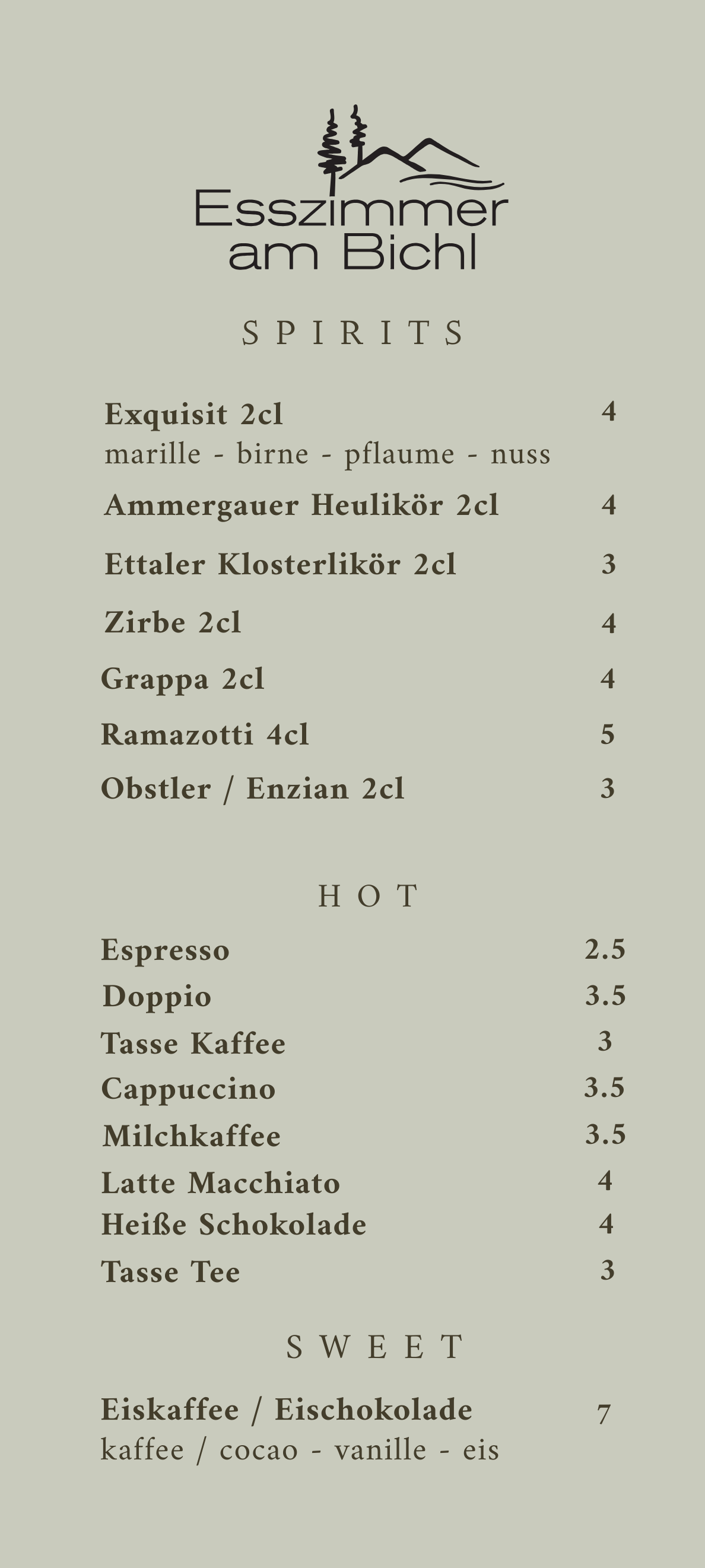 Speisekarte für eine Bar oder ein Restaurant namens 'Esszimmer am Bichl', mit Spirituosen, heißen und süßen Getränken, auf einem grünen Hintergrund.