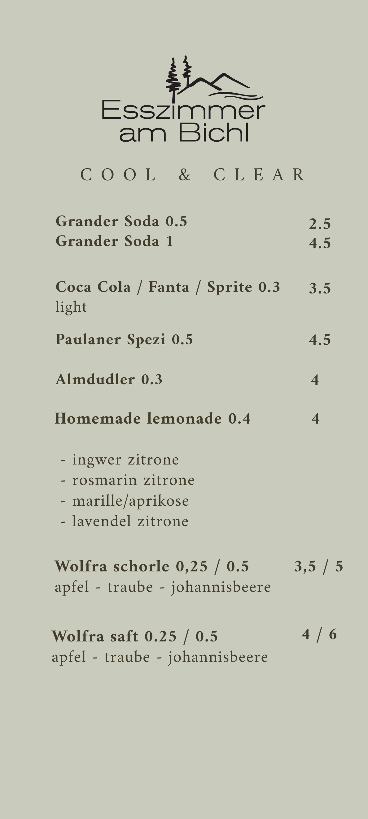 Getränkekarte für das Restaurnat namens 'Esszimmer am Bichl'. Enthält alkoholfreie Getränke, Soda, Cola, Fanta, Sprite, Bier, hausgemachte Limonade, Waffeln mit Fruchtsäften und Sirups. Der Stil ist schlicht mit einem Berg- und Baummotiv im Logo.