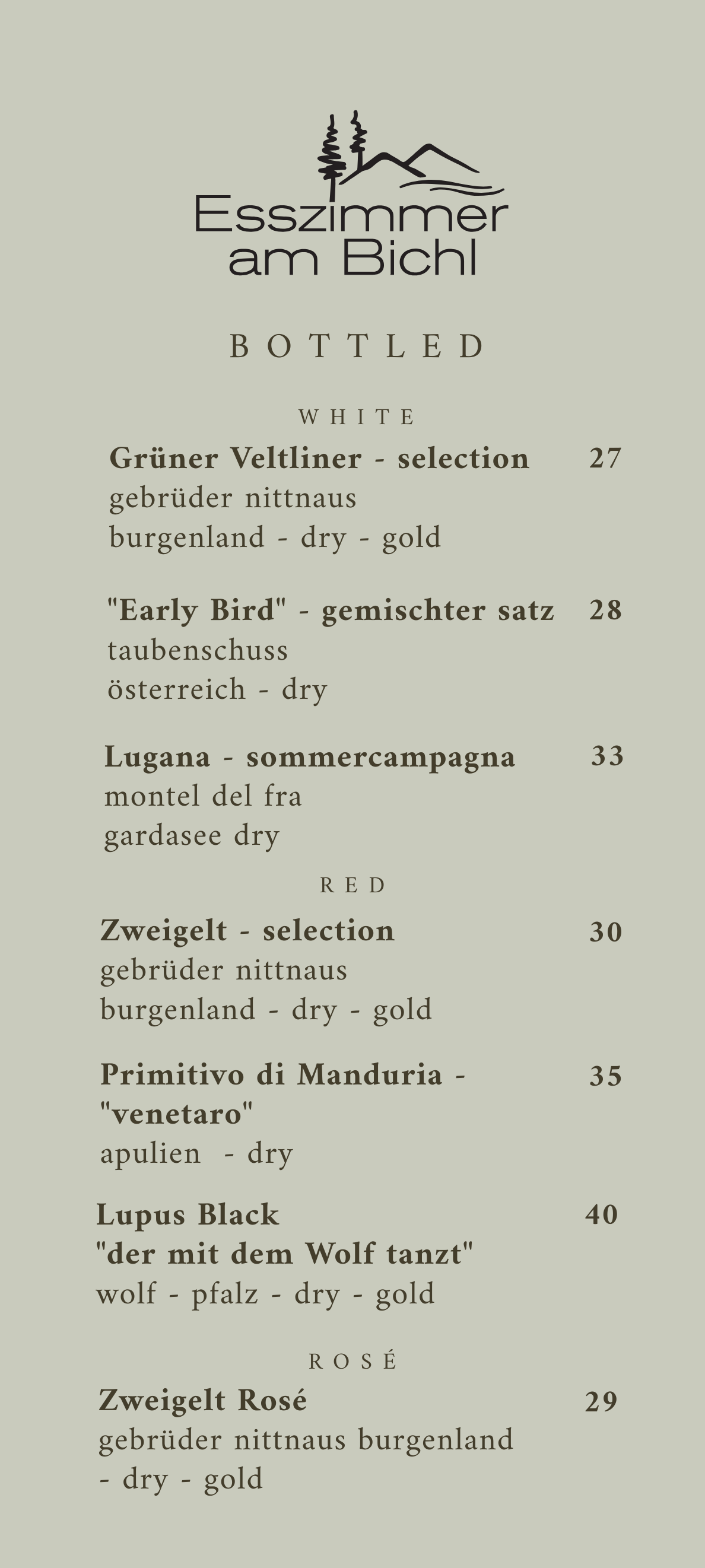 Getränkekarte des Restaurants "Esszimmer am Bichl" mit Weinen, Rotweinen und Rosé, inklusive Namen, Beschreibungen und Preisen.
