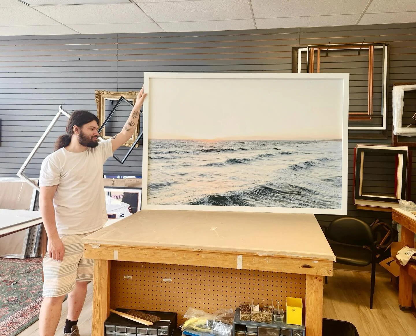 This serene seascape sunset framed in a simple white frame creates a tranquil atmosphere for the customer 🌅

#theframeshop #theframeshopsouthbend #customframing #largeformatprinting #southbendframing #framing #customframes