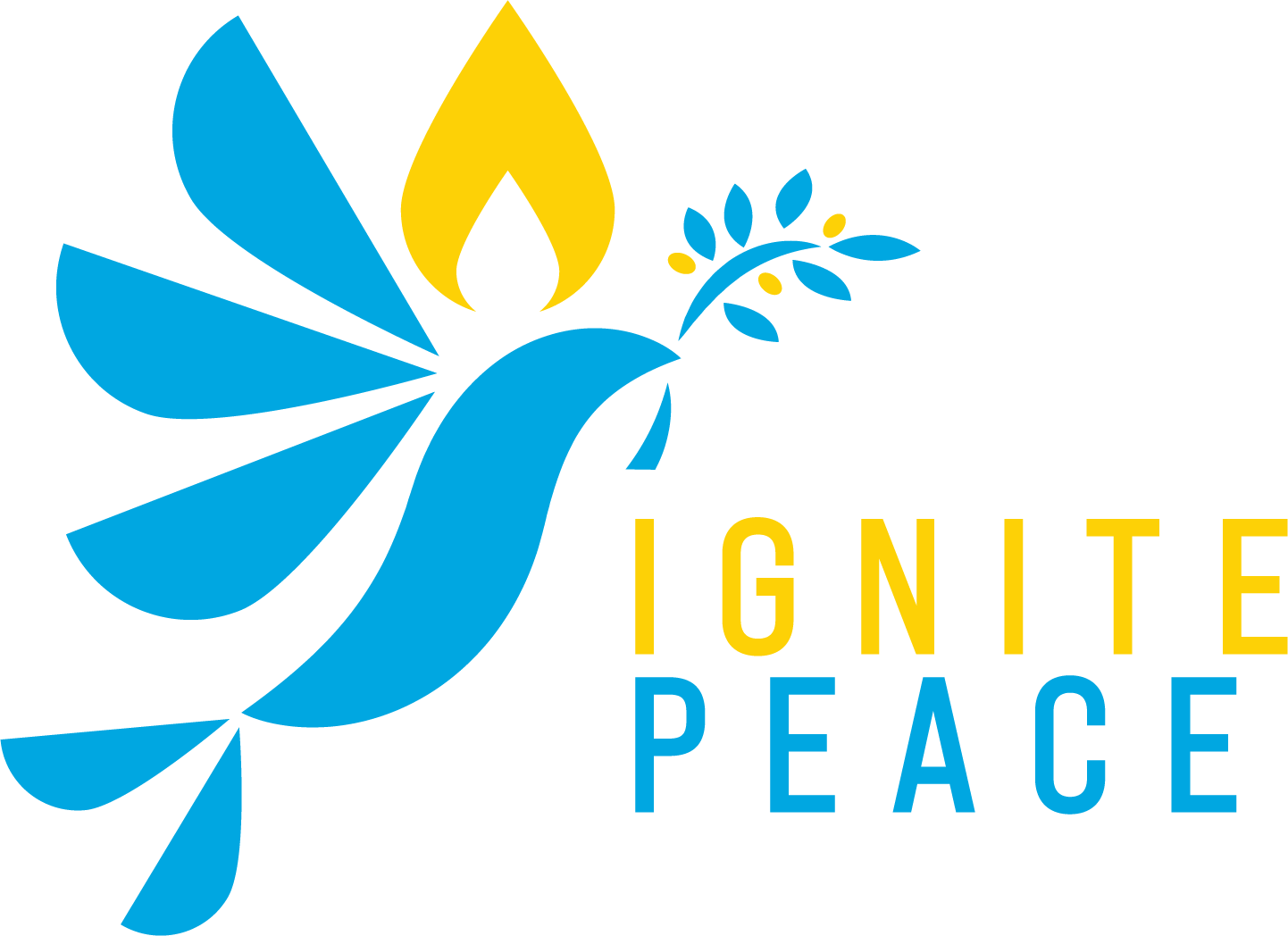 Logo with a stylized blue and yellow flame, dove, and olive branch above the words 'Ignite Peace' in yellow and blue text.