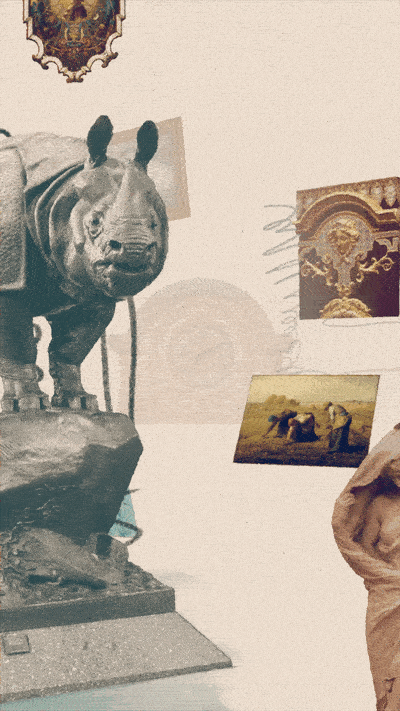 A sculpture of a rhinoceros on a pedestal in an art gallery, with framed paintings on the wall behind and a person partially visible on the right side.