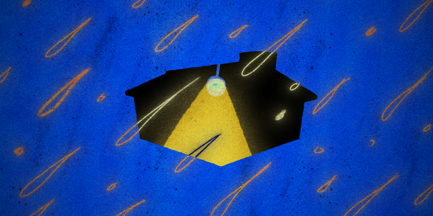 A ceiling light fixture with a spherical bulb casting a yellow glow, seen through a ceiling opening surrounded by a dark border, with a blue background and orange streaks resembling falling meteorites or streaks of light.