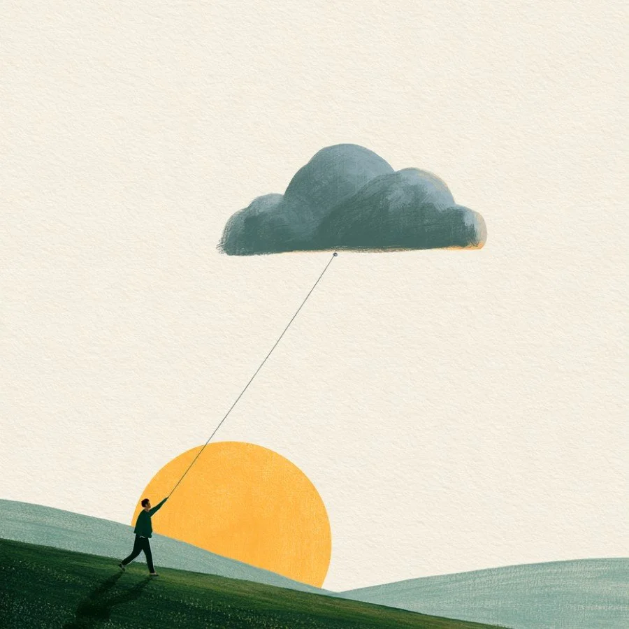 Painting of a person on a green hill pulling a grey cloud away on a string, with a golden sun behind