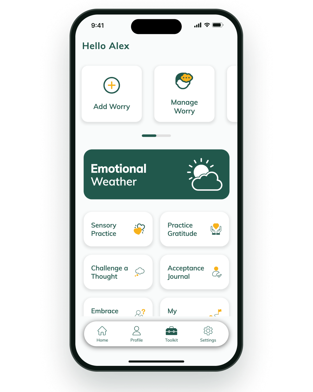 WorryTree toolkit screen on a phone, with Add Worry and Manage Worry, an Emotional Weather card, and tools including Sensory Practice, Practice Gratitude, Challenge a Thought and Acceptance Journal