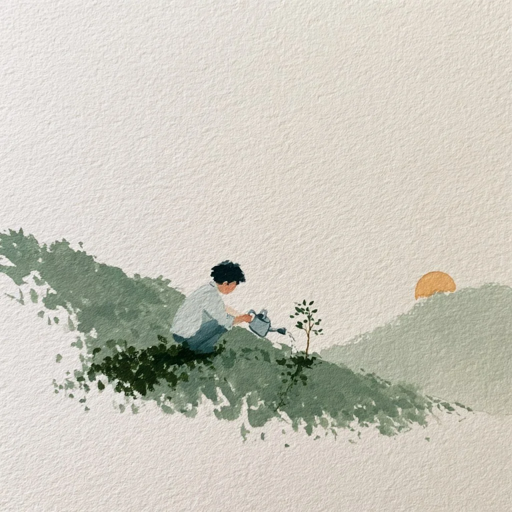 Painting of a person kneeling on a green hillside, watering a young sapling