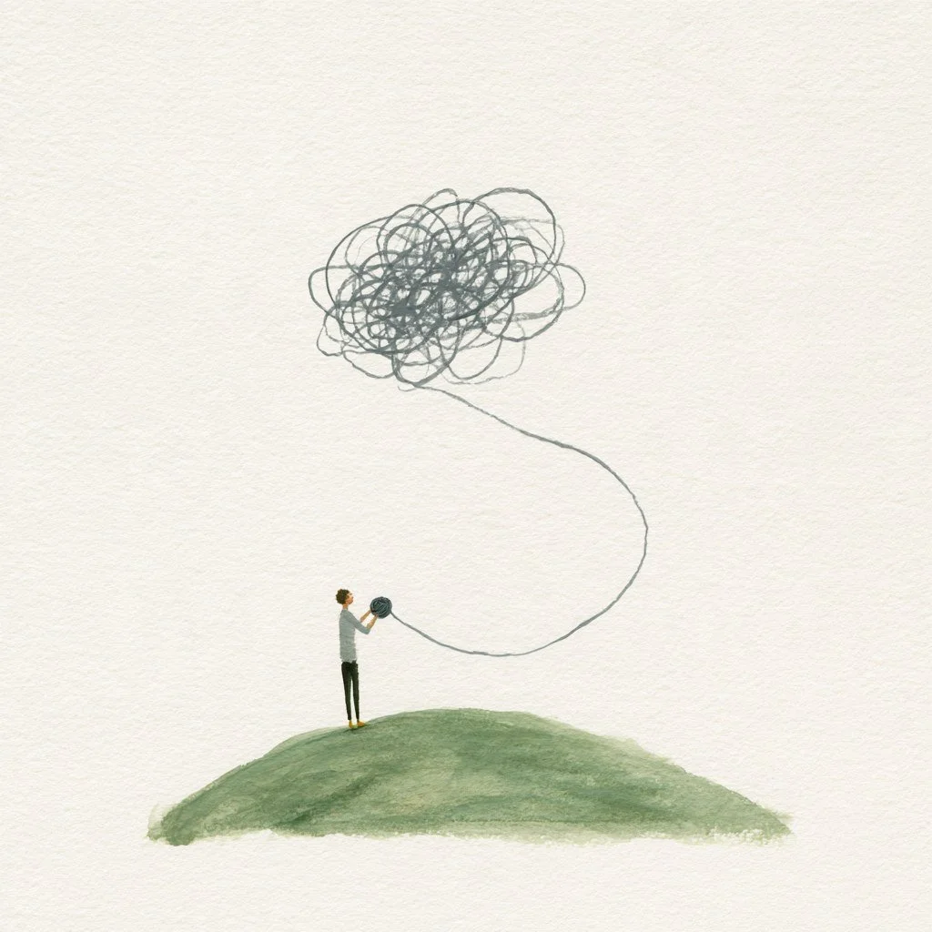 Painting of a person on a green hill winding a tangled scribble of thread into a neat ball
