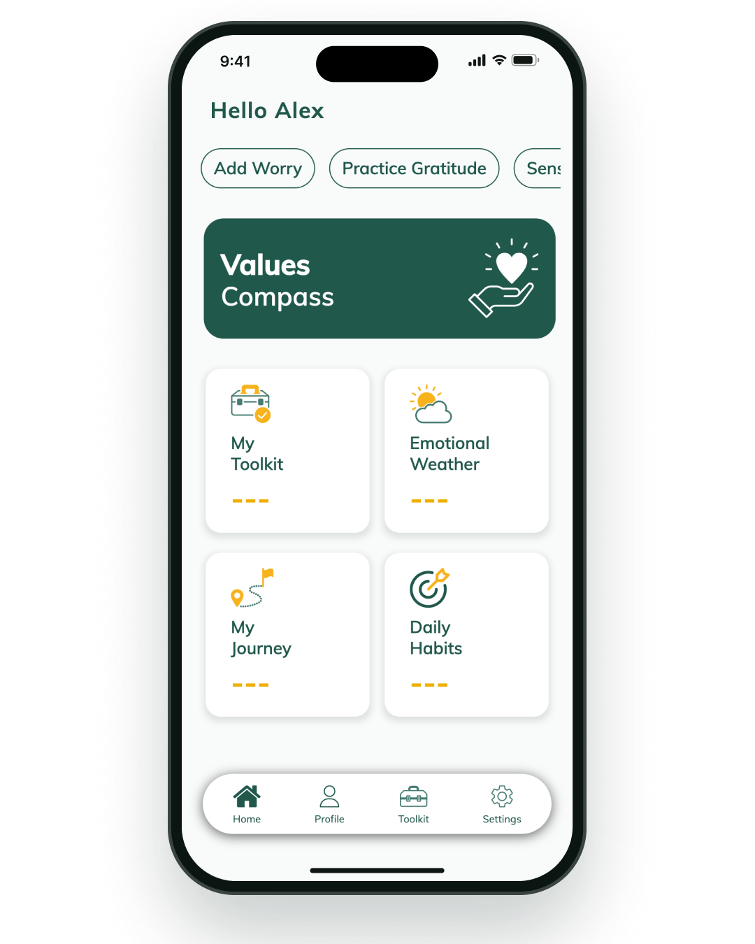 Luma app home screen on a phone, with quick actions for Add Worry and Practice Gratitude, a Values Compass card, and tiles for My Toolkit, Emotional Weather, My Journey and Daily Habits