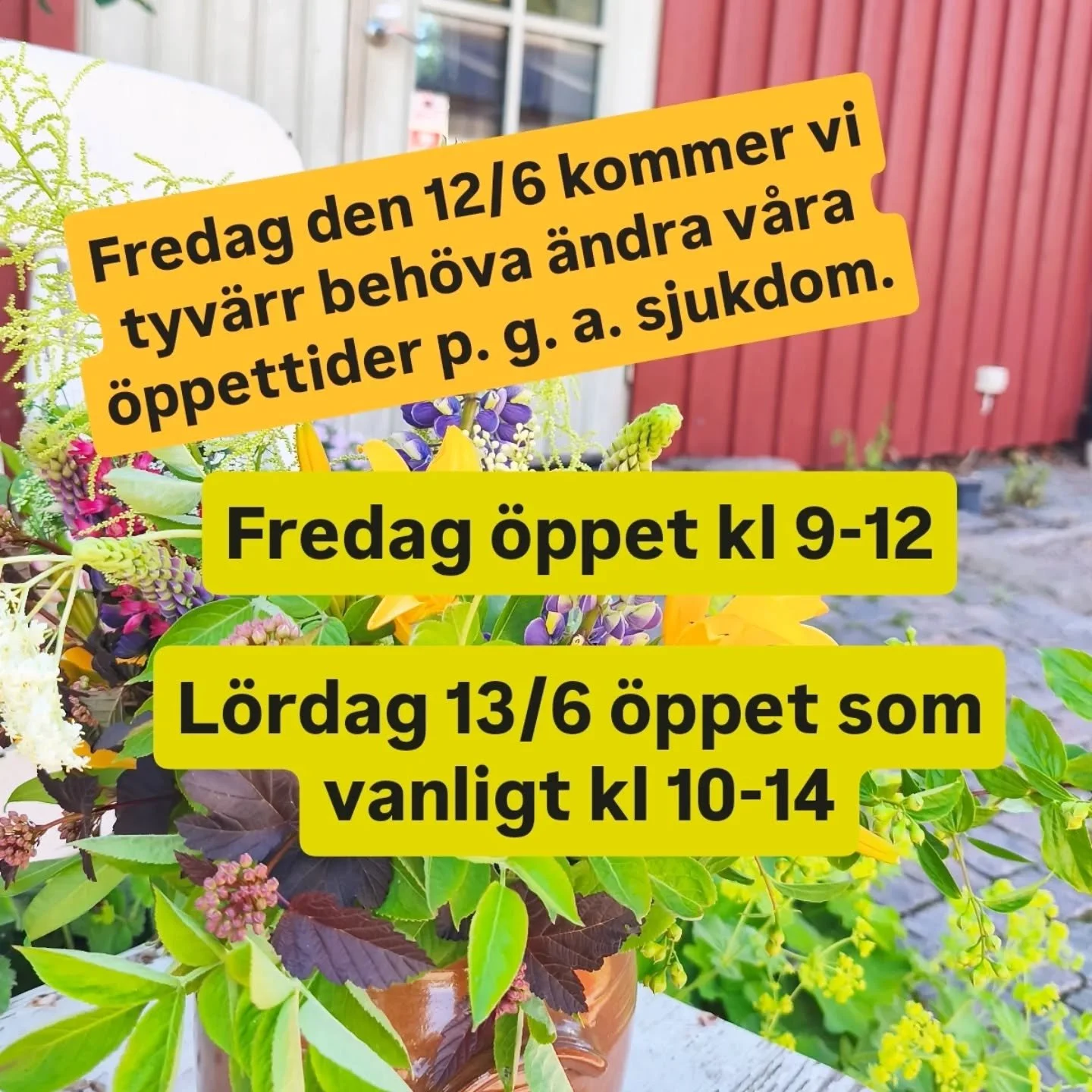 I bland blir det inte som man t&auml;nkt sig.. Fredag den 12 juni blir vi tvungna att st&auml;nga tidigare, redan kl. 12 p. g. a. sjukdom Om ni har v&auml;garna f&ouml;rbi p&aring; morgonen s&aring; &ouml;ppnar vi upp kl. 9. ☺️

P&aring; l&ouml;rdag 