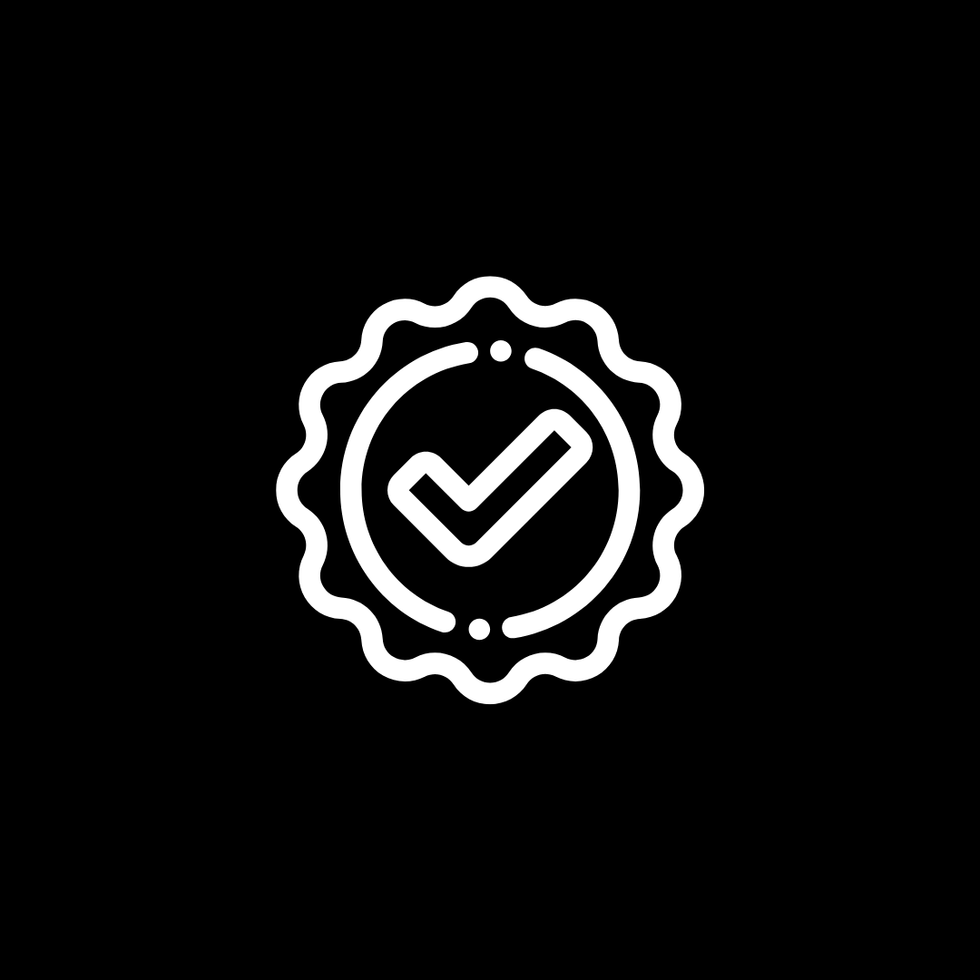 White check mark inside a circle badge icon on a black background.