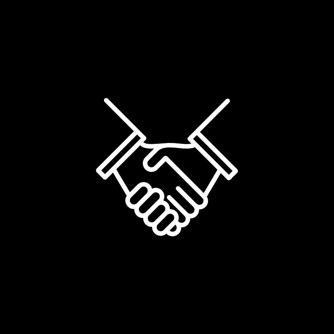 Line drawing of a handshake symbol on a black background.