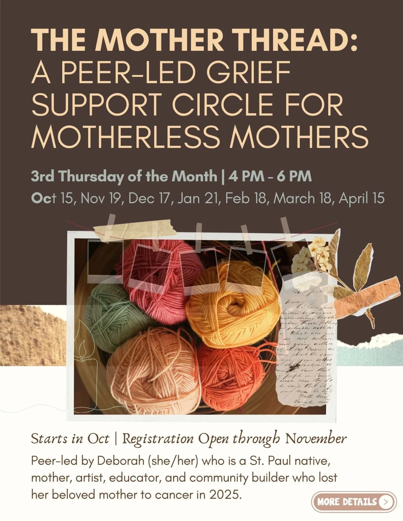 An advertisement for a peer-led grief support circle for motherless mothers, starting in October with registration open through November. The ad features colorful yarn balls in a basket, decorative leaves, and handwritten notes.