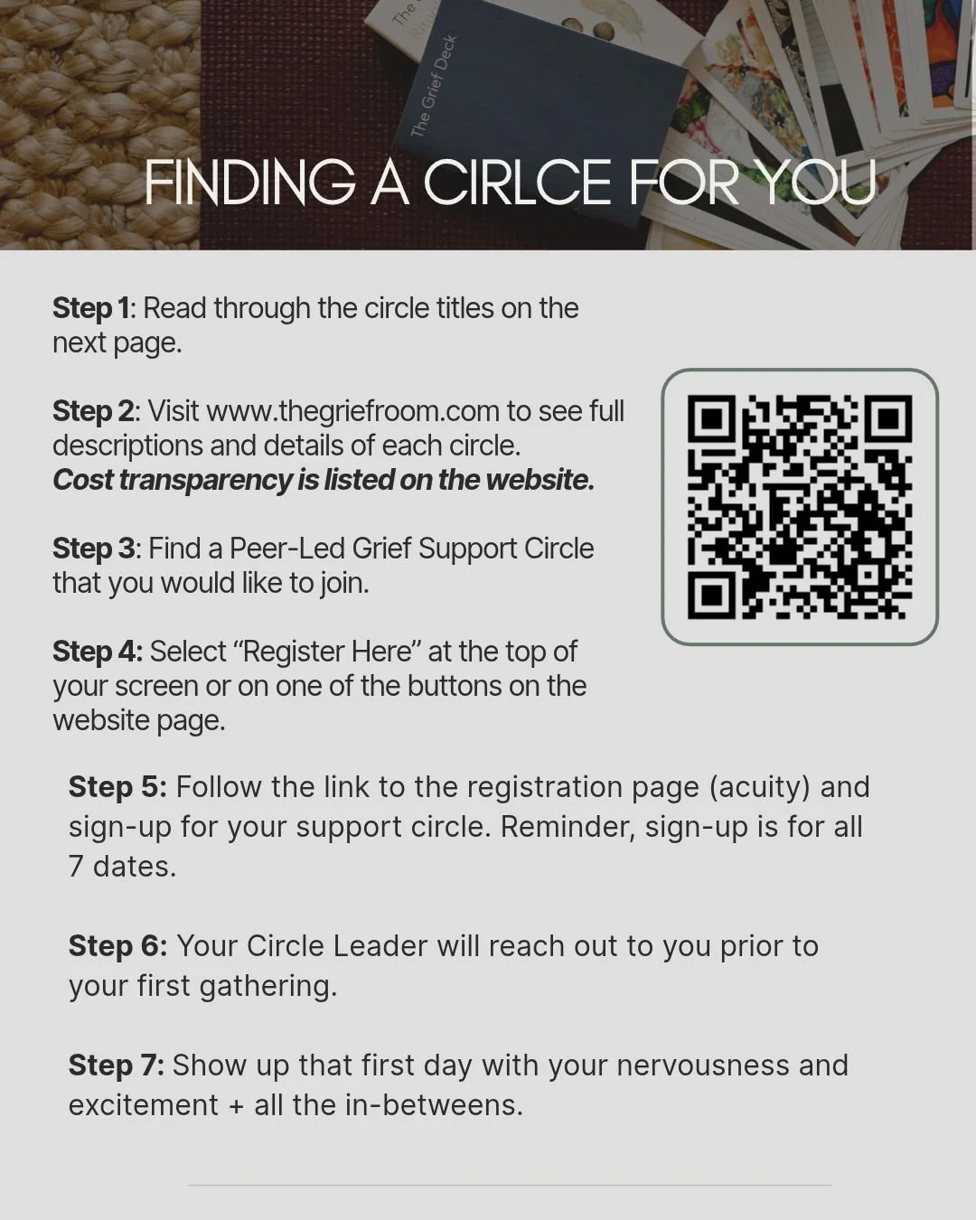 Instructions on how to find and join a grief support circle through a website and QR code, including steps for registration and first gathering.