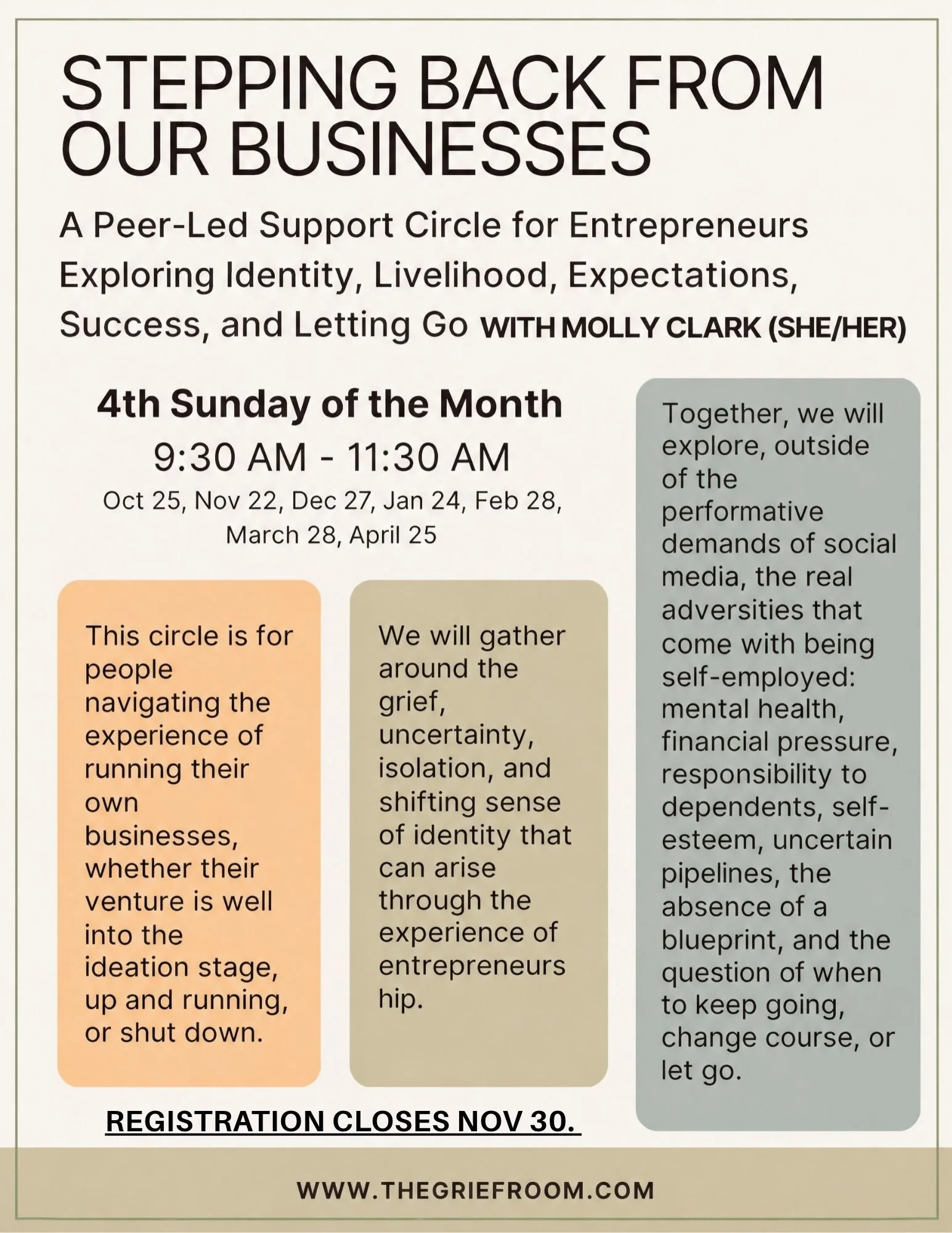 Flyer for a peer-led support circle for entrepreneurs meeting on the 4th Sunday of each month from 9:30 AM to 11:30 AM, with details about the event and a website link at the bottom.