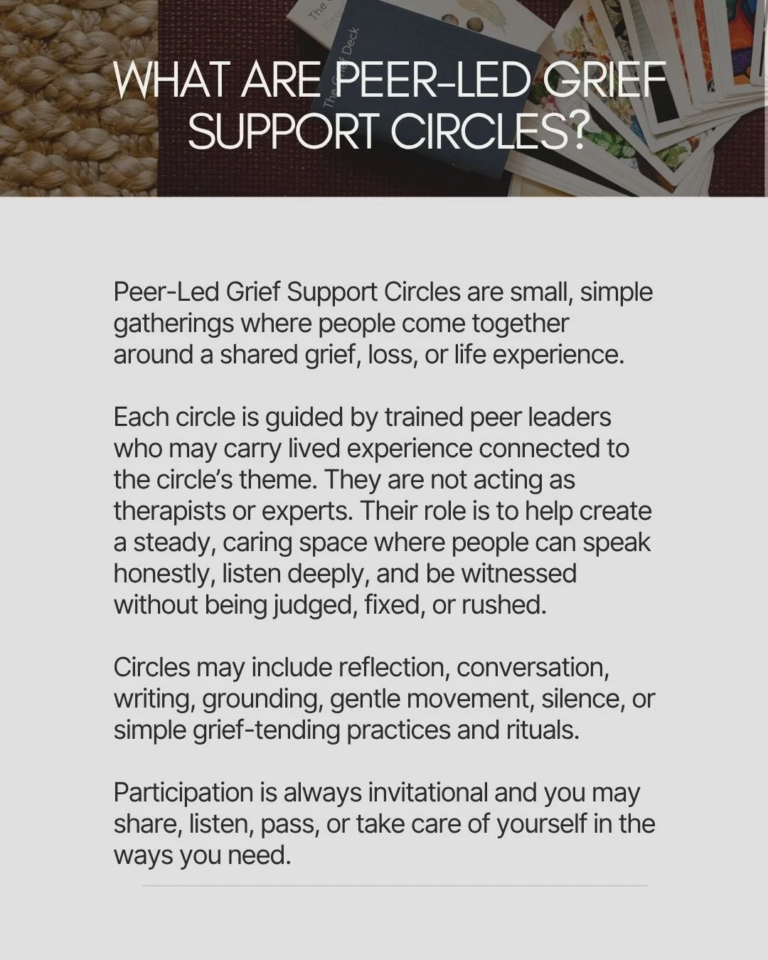 Text explaining peer-led grief support circles, their purpose, guidance by trained peer leaders, and example activities like reflection, conversation, and grounding.