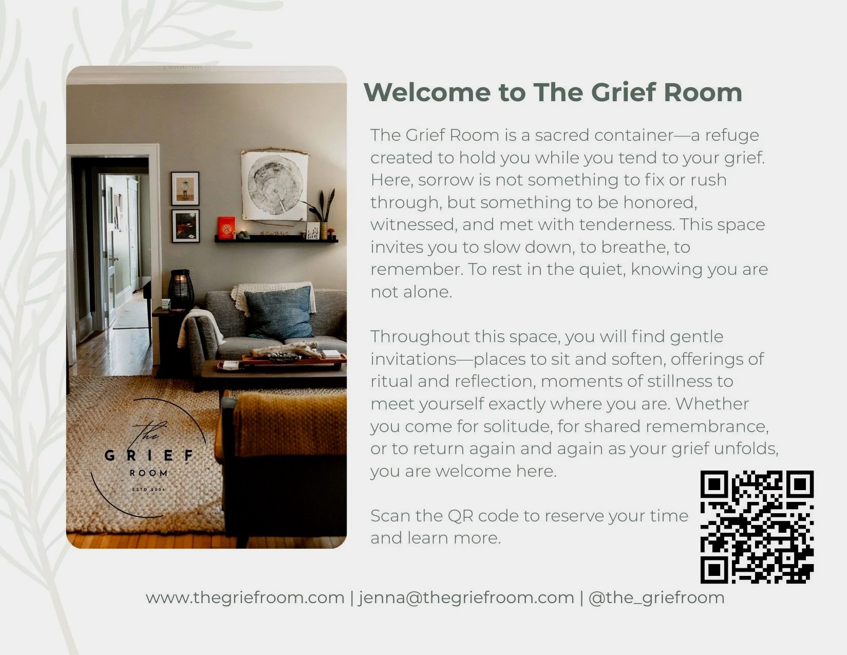 An informational flyer for The Grief Room featuring a cozy living space with a beige couch, a black shelf with decor, and framed artwork on a gray wall. The flyer contains a welcome message describing The Grief Room as a sacred container for mourning and reflection, encouraging slowing down and remembrance. It includes a QR code for reservations and contact details at the bottom.