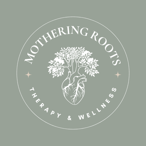 Logo for Mothering Roots, Therapy & Wellness featuring a tree growing from an anatomical heart, with a circular design and the text "Mothering Roots," "Therapy & Wellness."