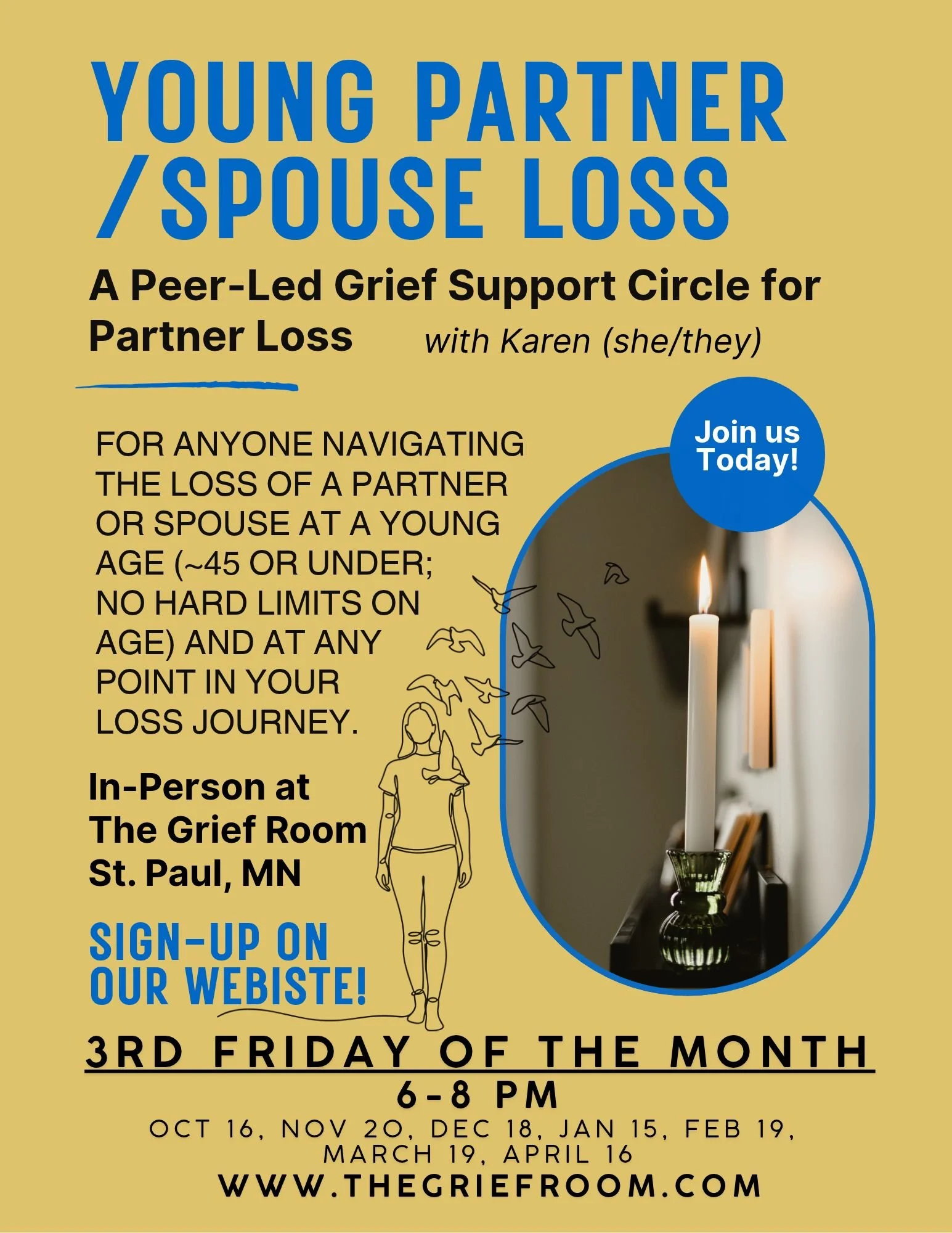 Promotional flyer for a grief support circle titled "Young Partner / Spouse Loss," led by Karen. The event is in person at The Grief Room in St. Paul, MN, on the third Friday of each month from 6 to 8 PM, with session dates listed throughout the year