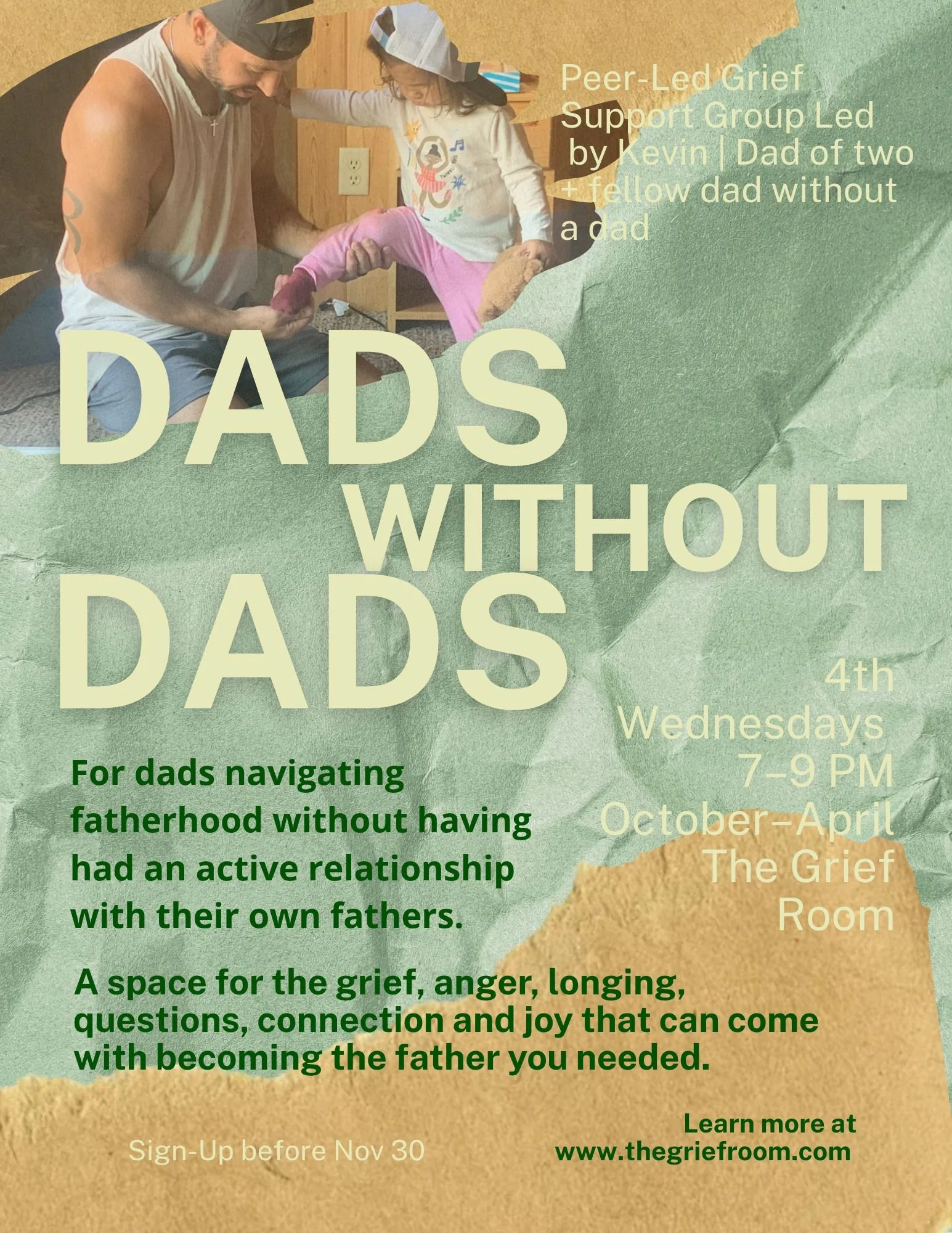 A man supporting a young girl in pink pajamas, wearing a baseball cap, in a room with wooden wall paneling. Overlaid text promotes a peer-led grief support group for fathers navigating fatherhood after losing a father.