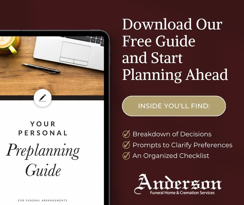 An advertisement for a free personalized preplanning guide by Anderson Funeral Home & Cremation Services. It features a partial view of a laptop, a pen, and a cup on a wooden surface. The right side has text inviting users to download the guide, with benefits listed such as decision breakdowns, preference prompts, and an organized checklist.