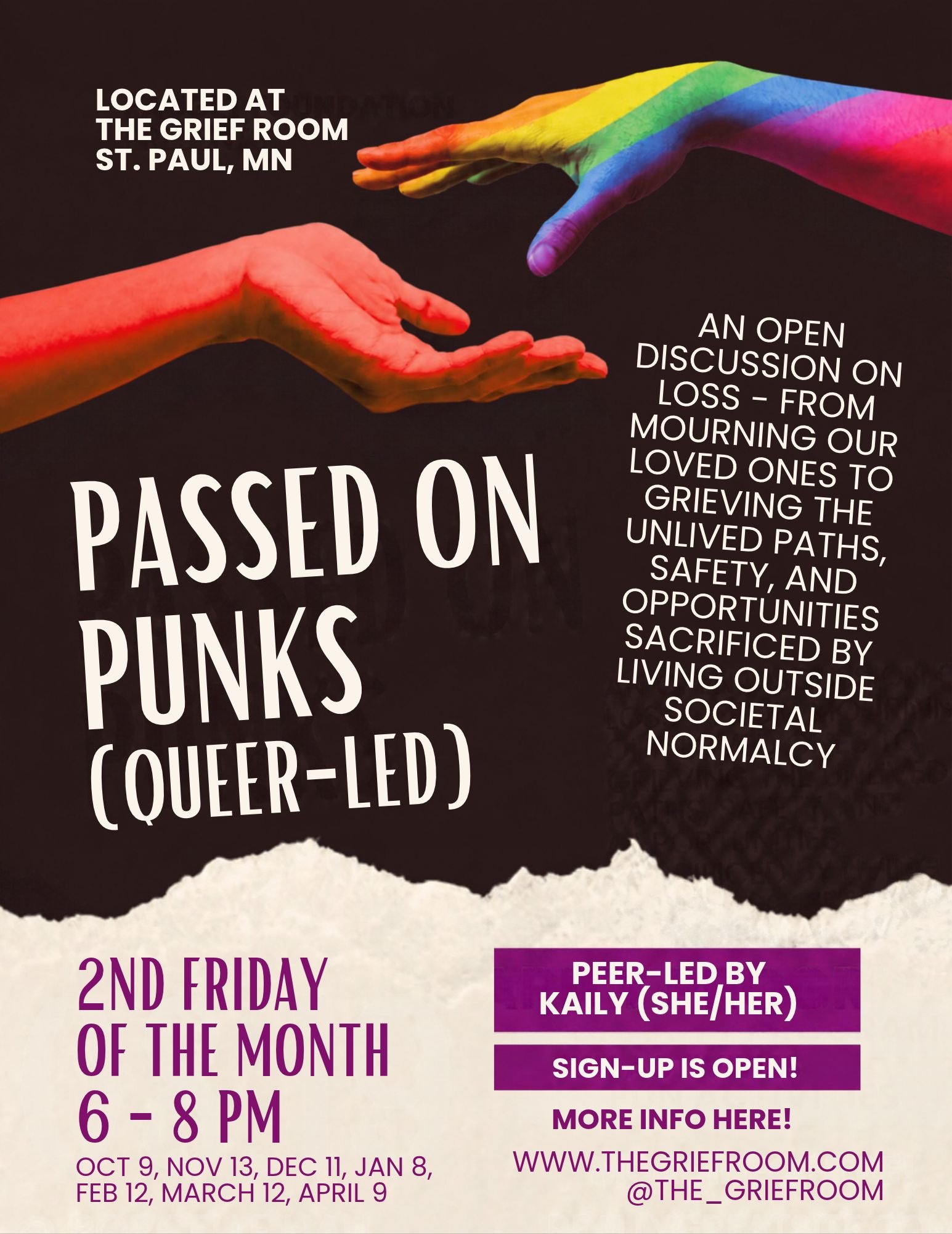 An event poster with a torn paper design, featuring two hands reaching towards each other against a black background. The poster is promoting a discussion on loss related to mourning loved ones, with details about meeting locations and times, includi