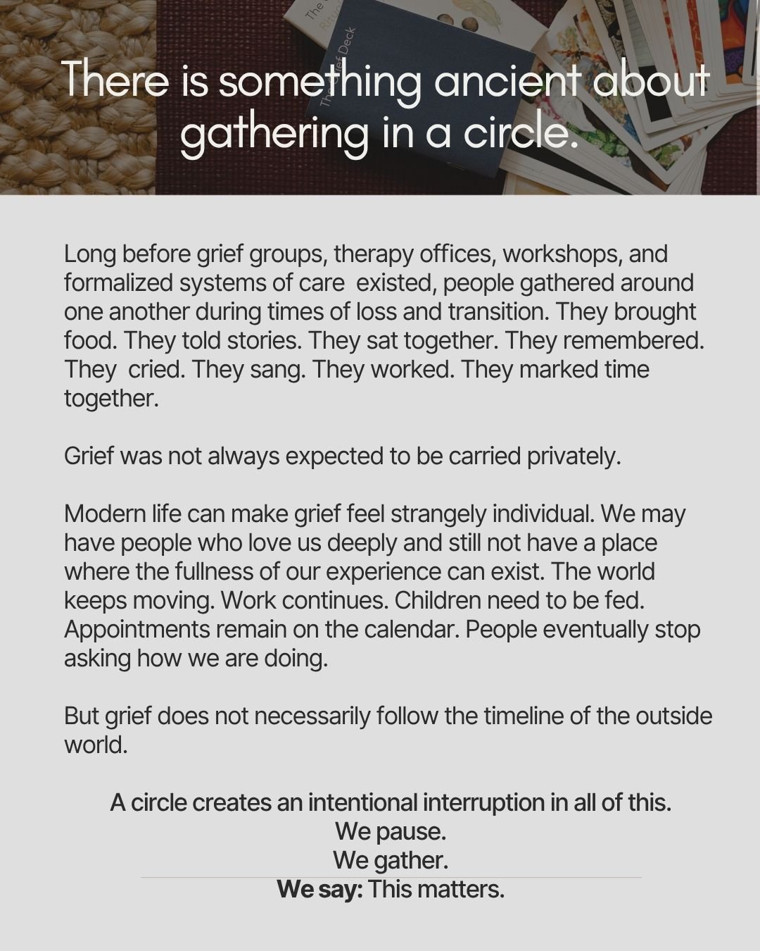 A page of text overlaid on a background showing tarot cards, a deck of cards, and a woven mat. The text discusses the symbolism of gathering in a circle and the importance of pauses and shared experiences.