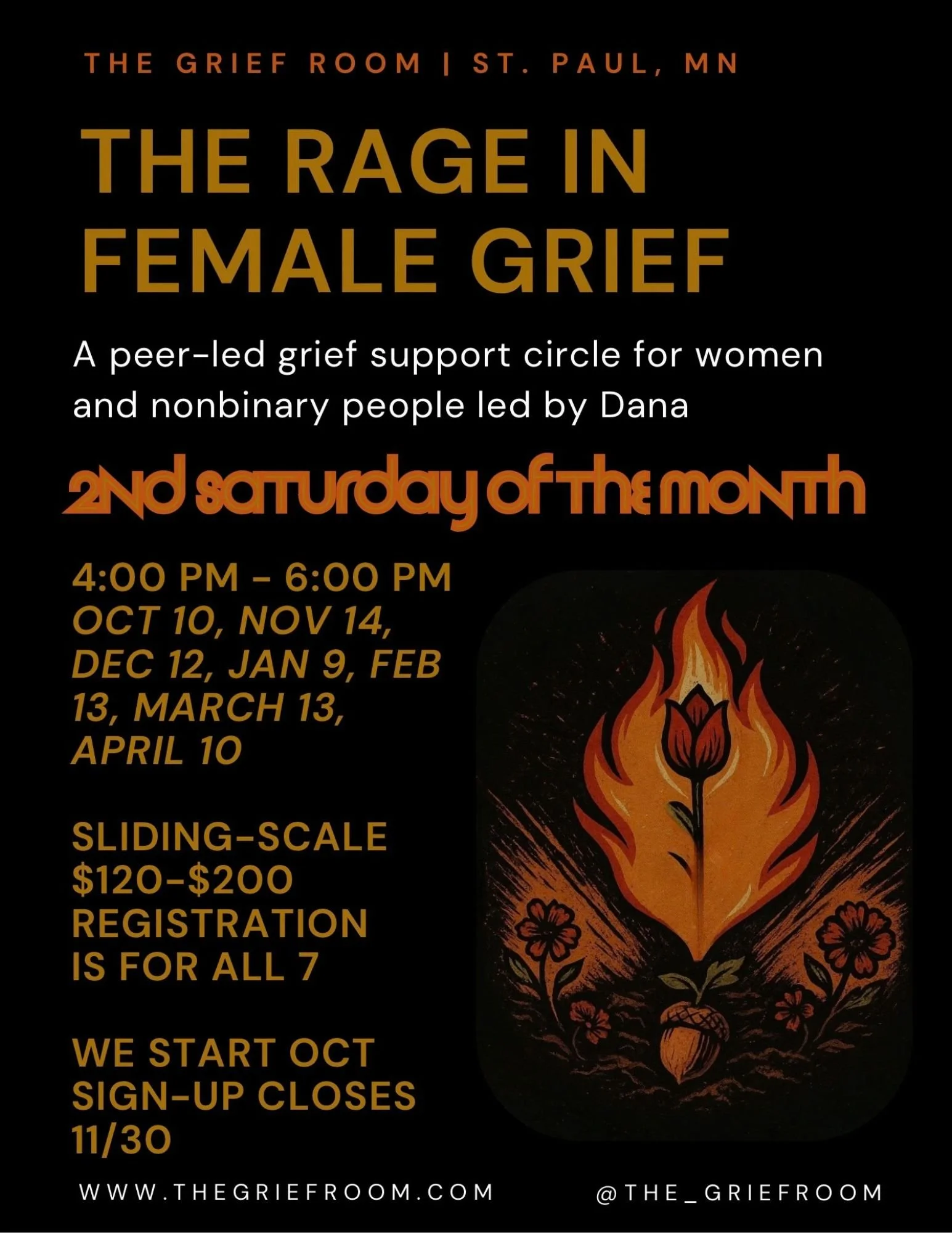 Flyer for The Grief Room in St. Paul, MN, promoting a peer-led female grief support group called 'The Rage in Female Grief.' The event occurs on the 2nd Saturday of each month from 4:00 PM to 6:00 PM, starting October 10 and ending April 10. The flye