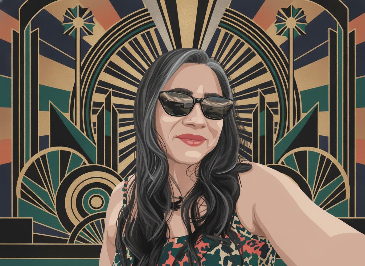 A woman with long black wavy hair wearing sunglasses and a colorful leopard print dress, standing in front of an Art Deco style decorative background.