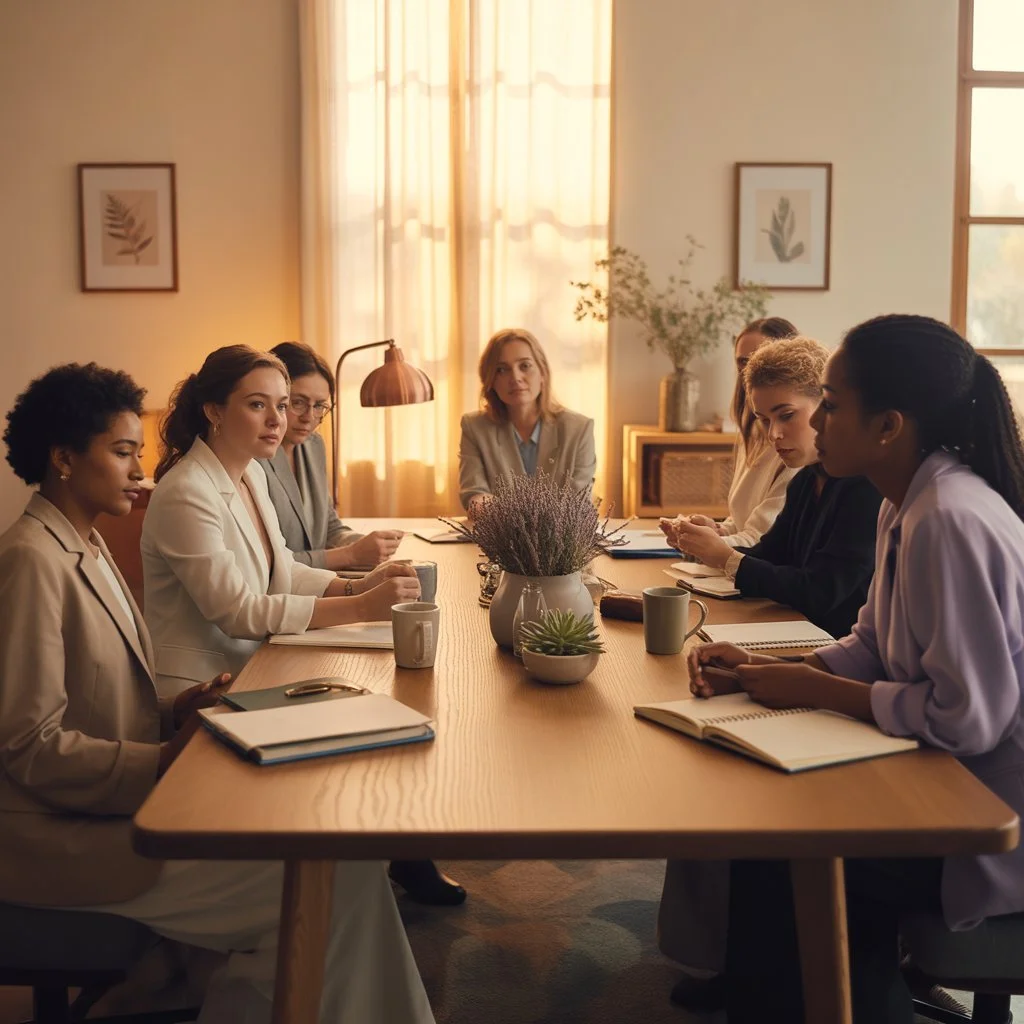 A diverse group of women seated around a wooden conference table during a meeting in a well-lit room with framed botanical prints and a potted plant.
