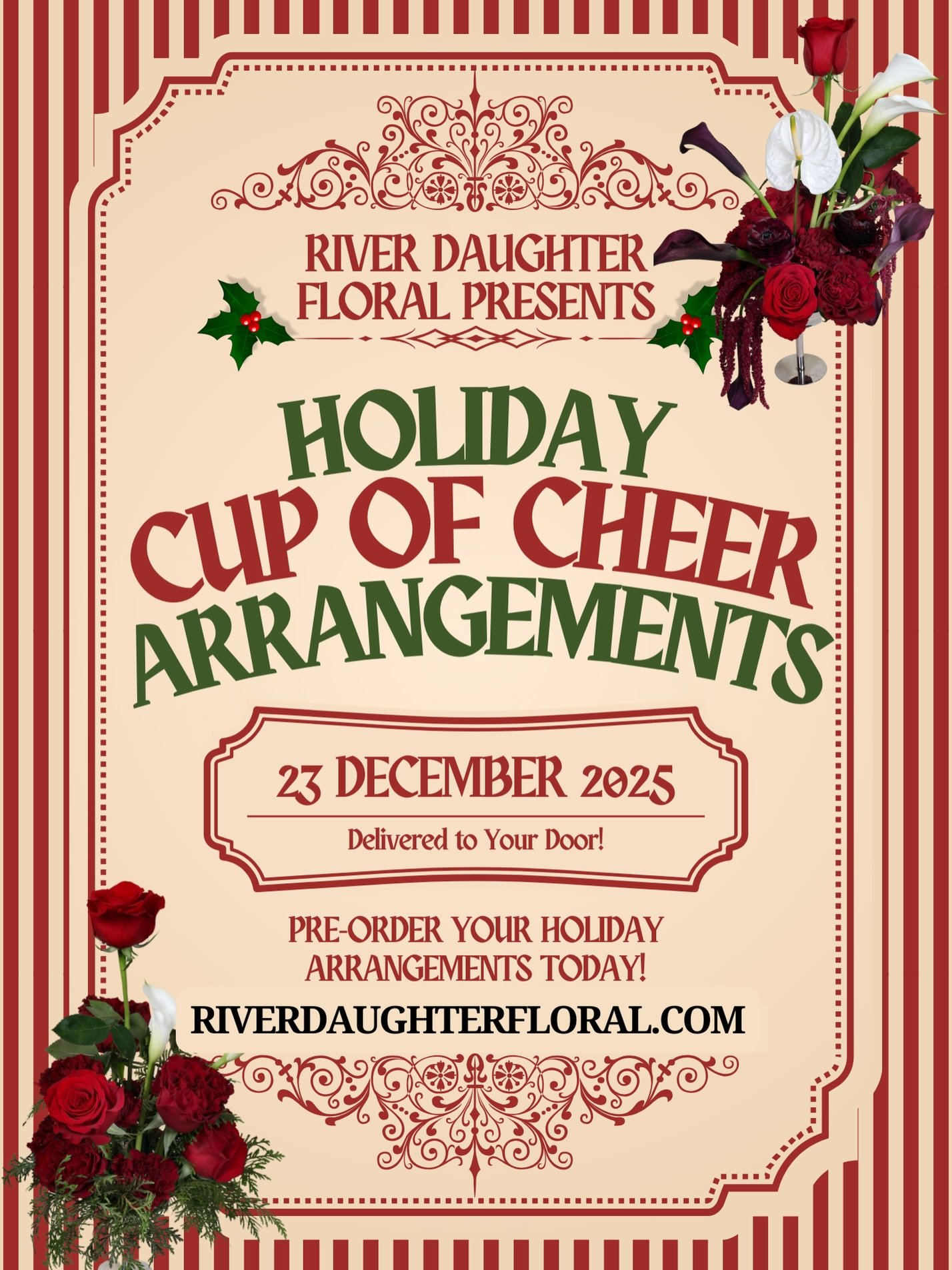 It&rsquo;s almost time for Christmas!! As you plan your holidays and await Santa&rsquo;s arrival, let River Daughter handle the decor with florals that are sure to bring cheer and delight to every gathering 🌹🎄 This year&rsquo;s signature holiday ar