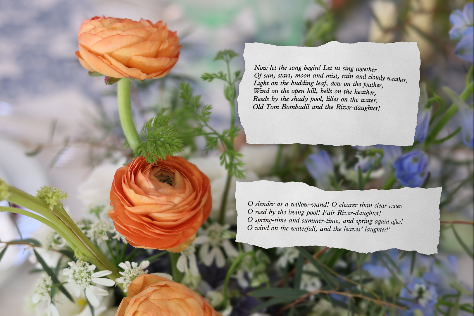 A floral arrangement featuring orange ranunculus flowers, white and purple flowers, green leaves, and a note with a poem over a blurred background of flowers.