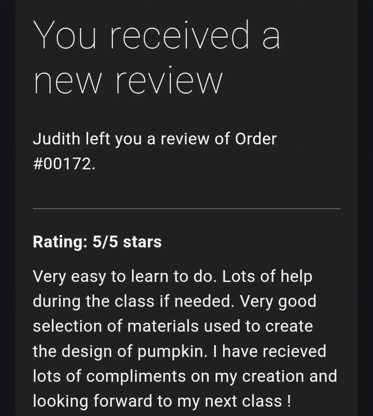 Thank you Judith for your review from our Wood Flower Pumpkin Bouquet Class at @losttrailwinery last month!! 😍