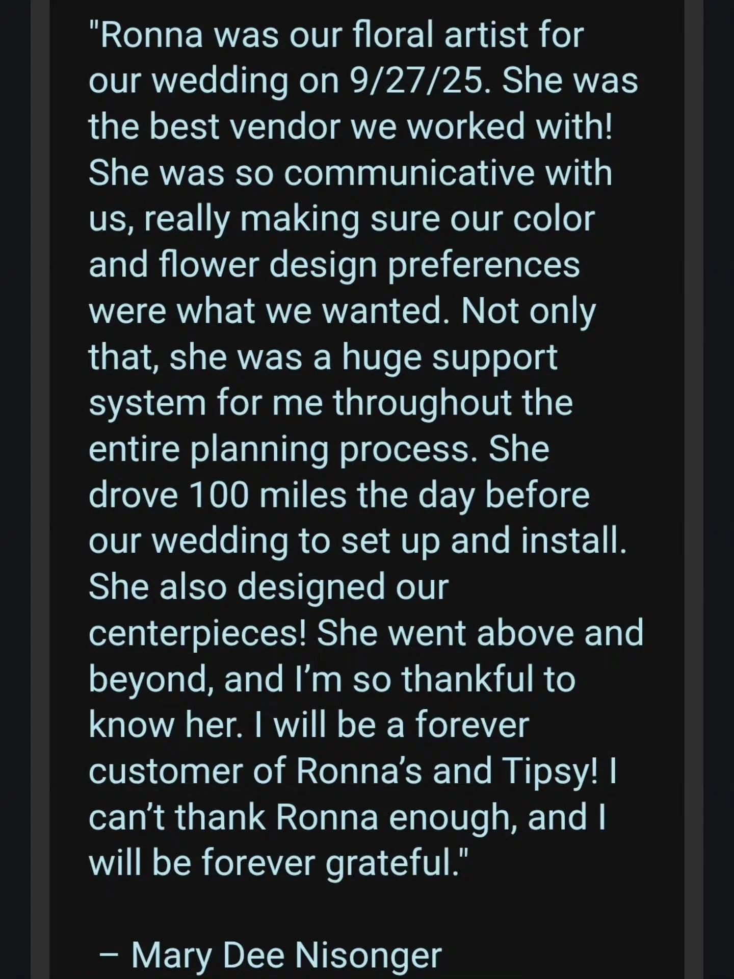 Mary Dee 🥹 Thank you so much for your GLOWING review. I am so so so happy we connected and I could create your wedding flowers. You were a dream to work with and I am SO happy for you and TR! 
I wish you both a lifetime of happiness and love. Thank 
