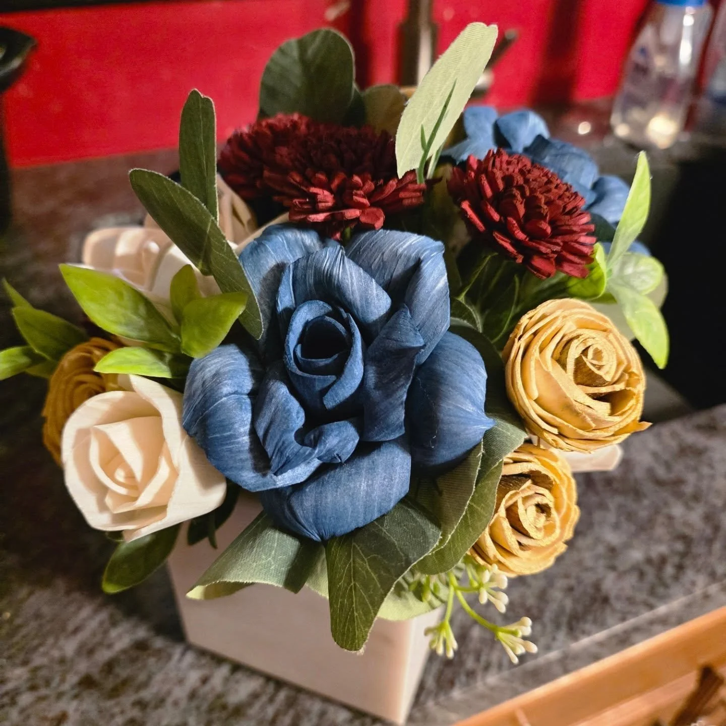 Custom Order ❤️

This beautiful order is off in the mail!
The box is handmade by my awesome hubby out of countertop solid surface. Burgundy, navy, ivory and gold handpainted wood flowers. 

Thank you Brittany for choosing Tipsy Designs for your holid