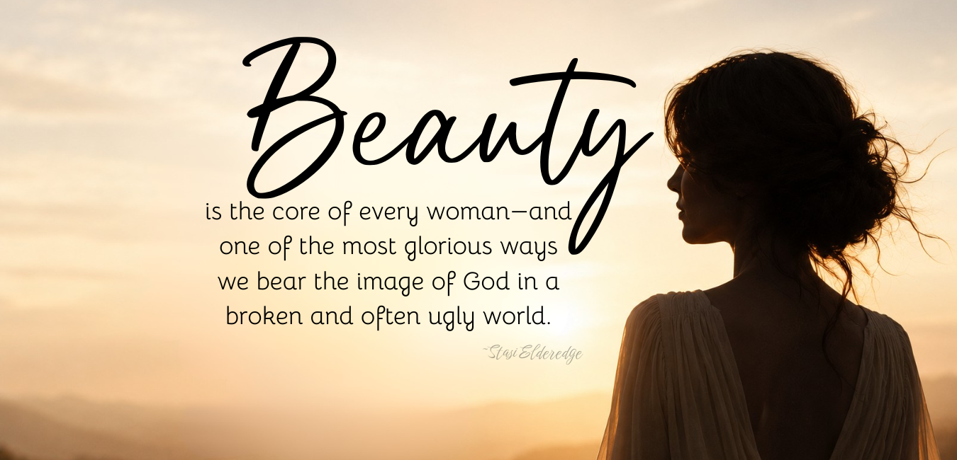 A woman with curly hair standing in profile against a sunset sky, with an overlaid quote about beauty and inner strength.