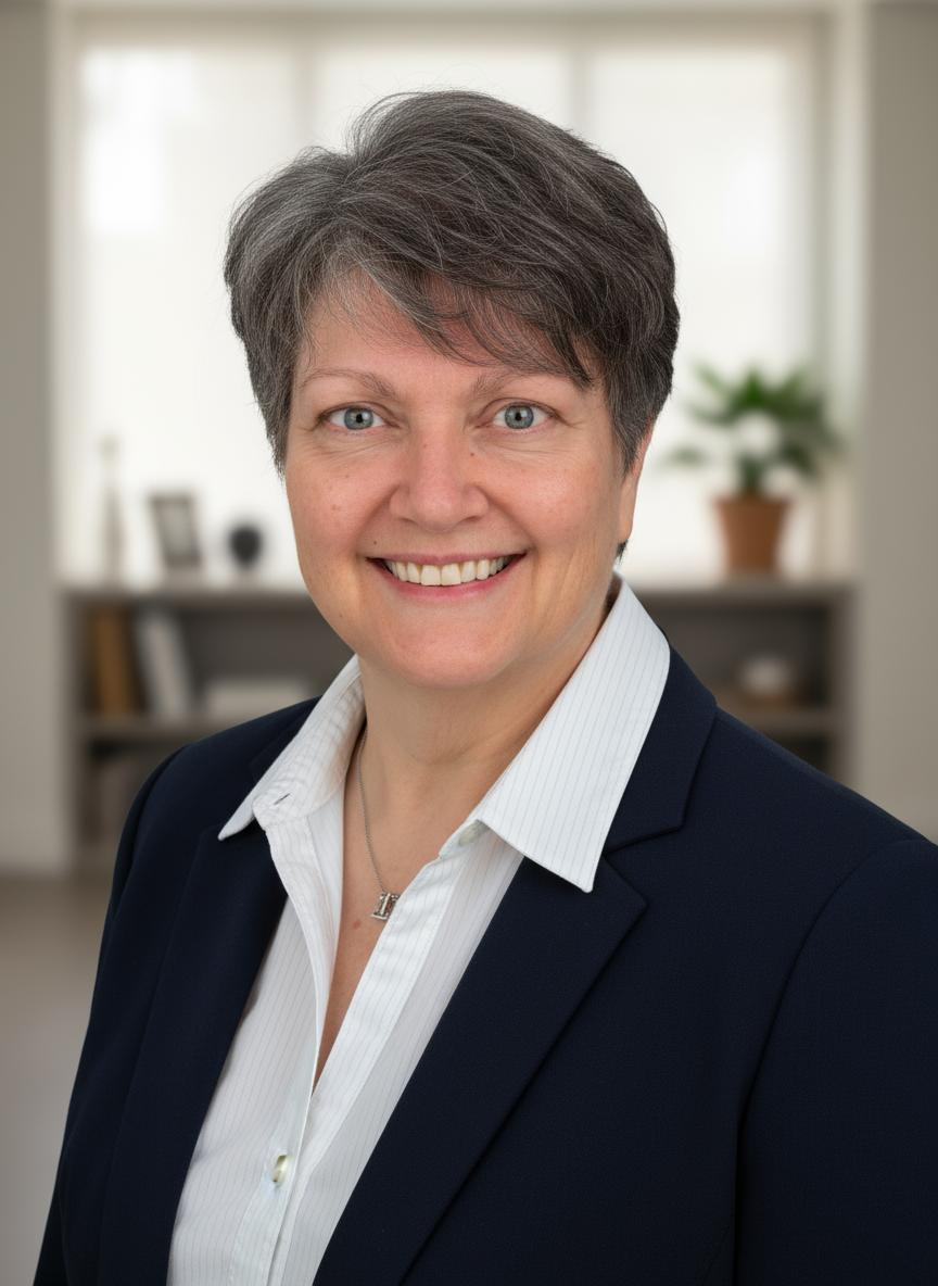A smiling woman with short gray hair wearing a dark blazer and white shirt, in an office setting with a blurred bookshelf and potted plant in the background.