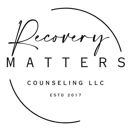 Logo for Recovery Matters Counseling LLC, established in 2017, featuring the company name with a stylized circular design.