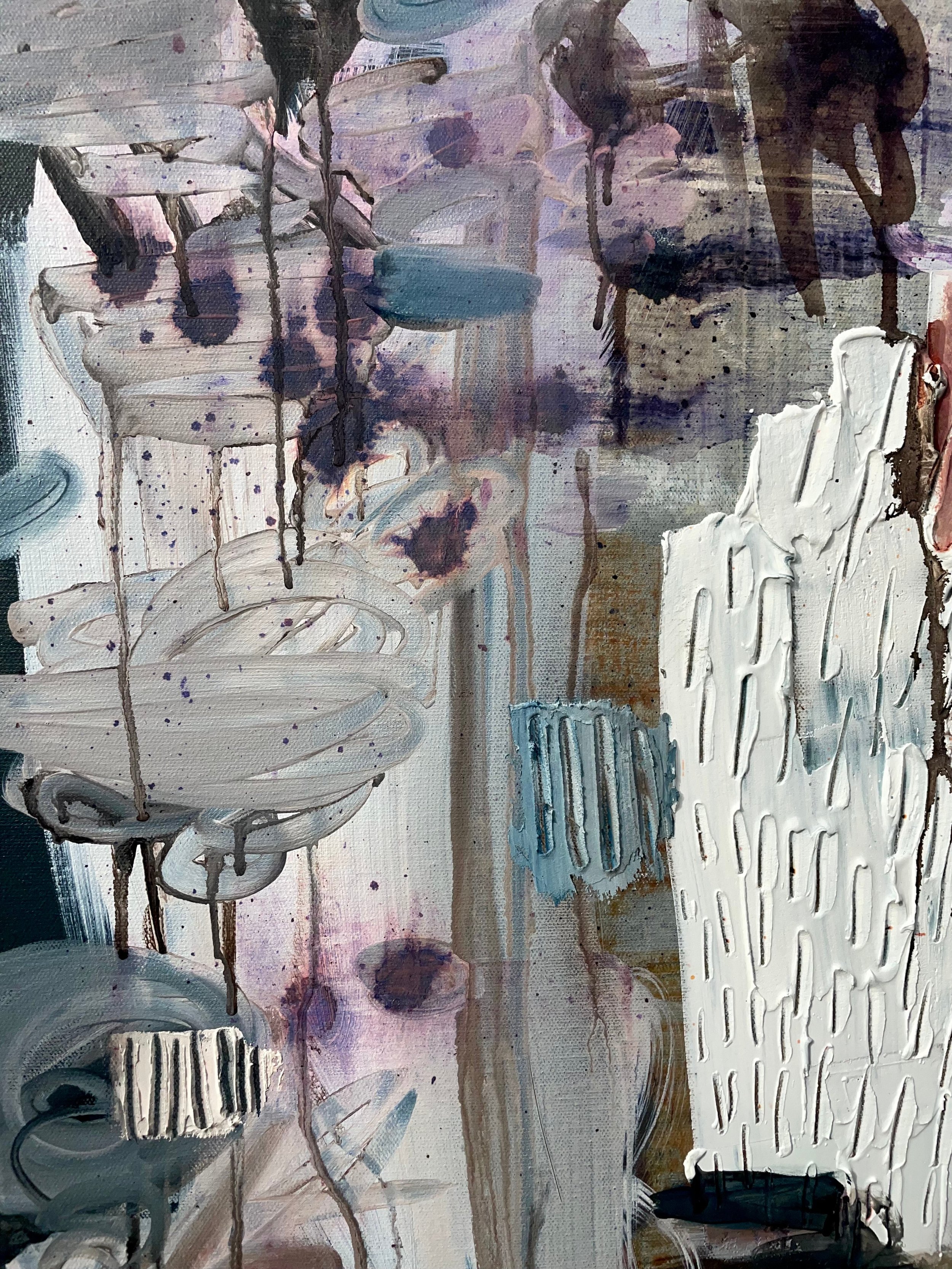Close-up of a textured abstract painting featuring layered plaster, concrete, thick brushstrokes, and organic drips in neutral, blue, rust, and gray tones.