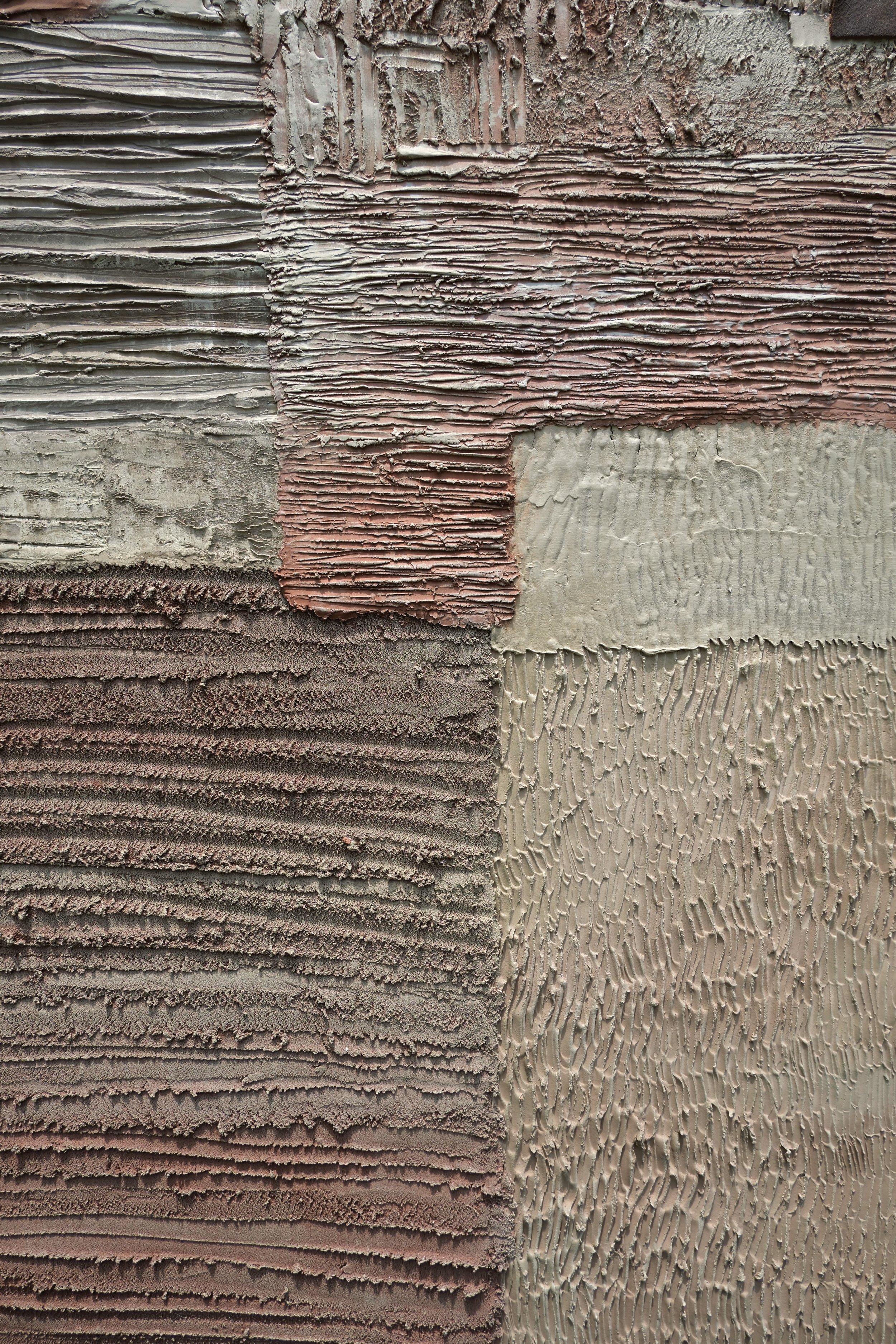 Large mixed media artwork featuring earthy rust hues achieved through layers of powdered rock pigments, sand, ground shells, hematite, selenite, and ruby.