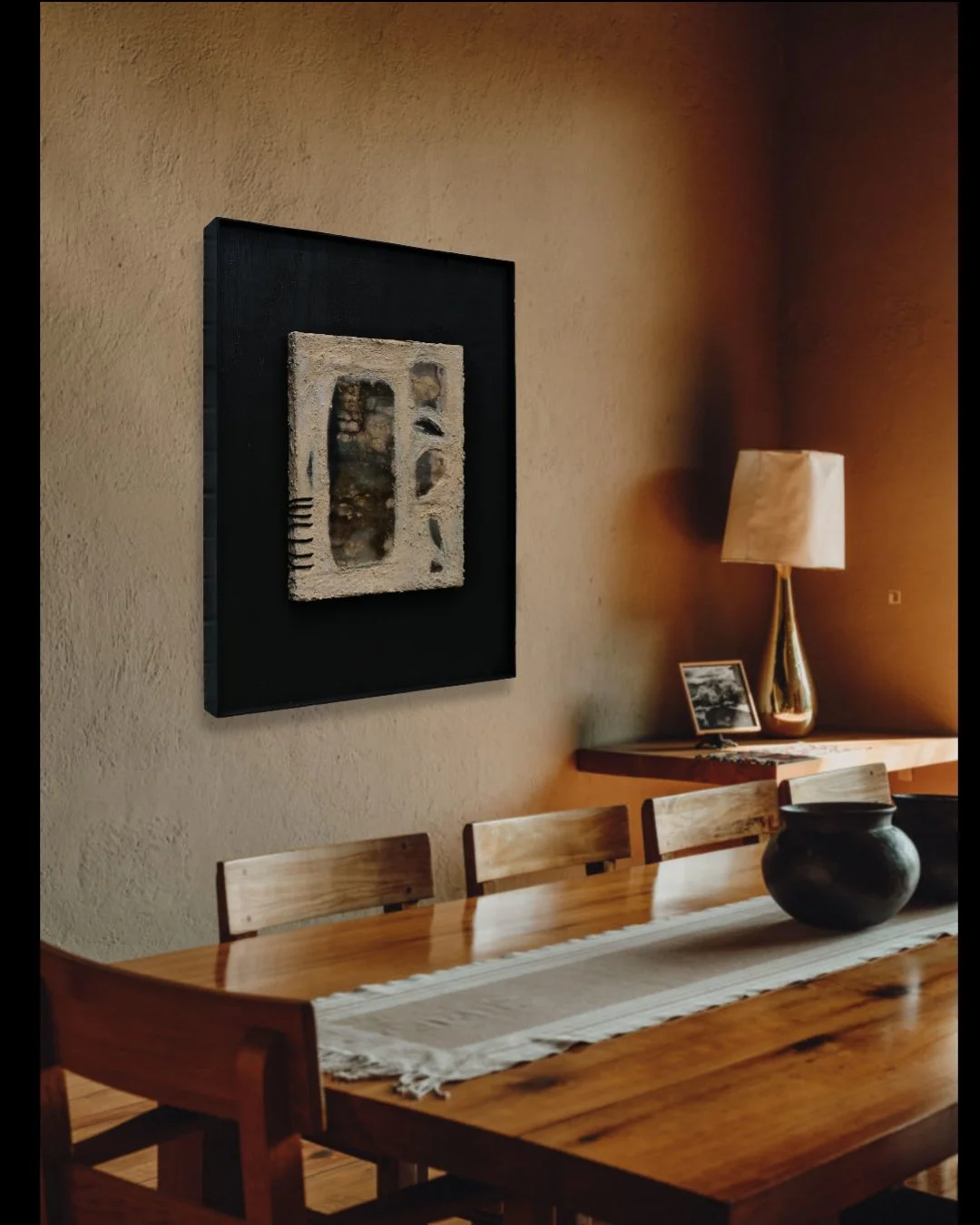 concrete, ink, plaster, rock pigment, leather on shou sugi ban canvas and framed in pine.