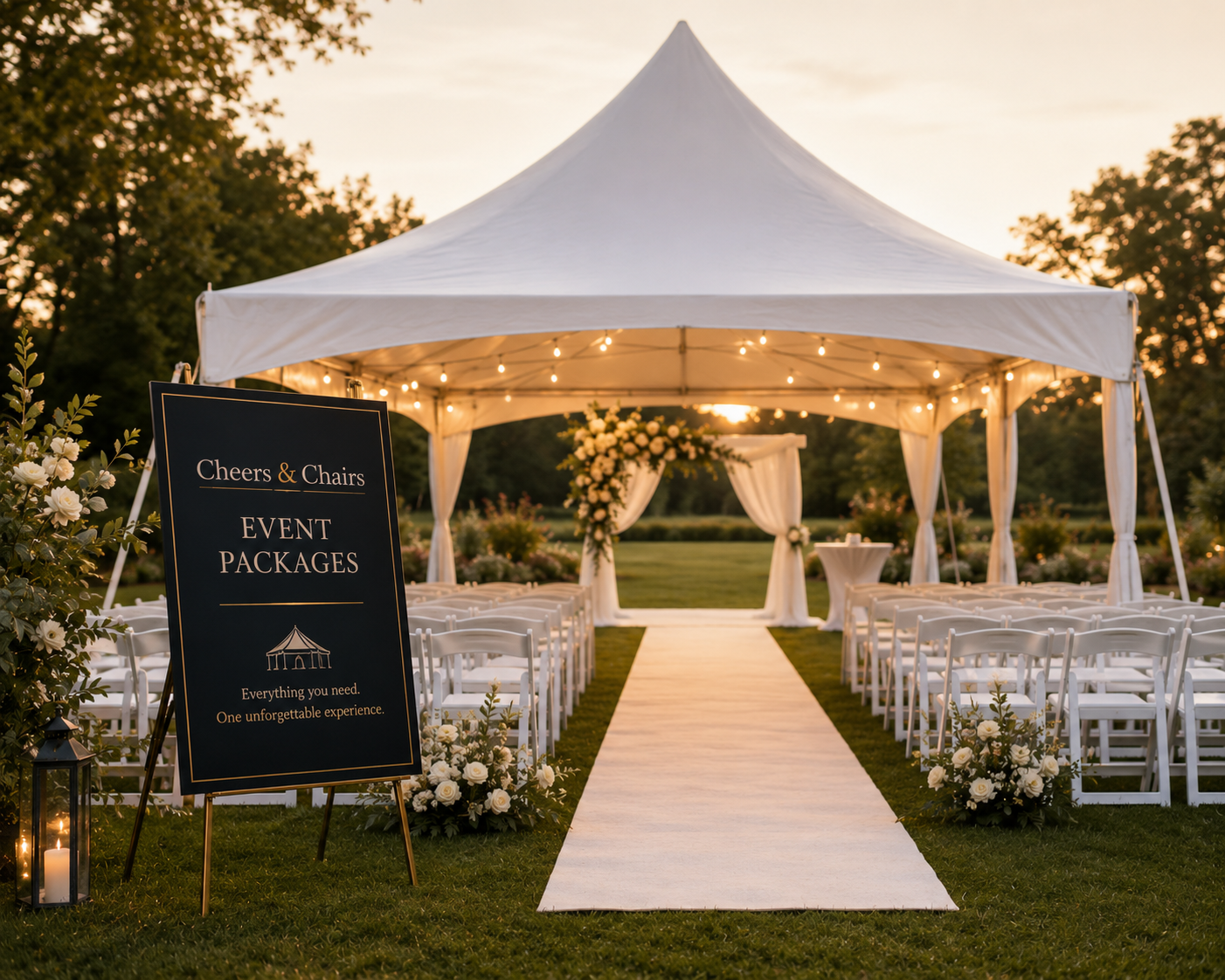 Wedding ceremony setup with white chairs, floral arrangements, and a canopy tent decorated with fairy lights at sunset.